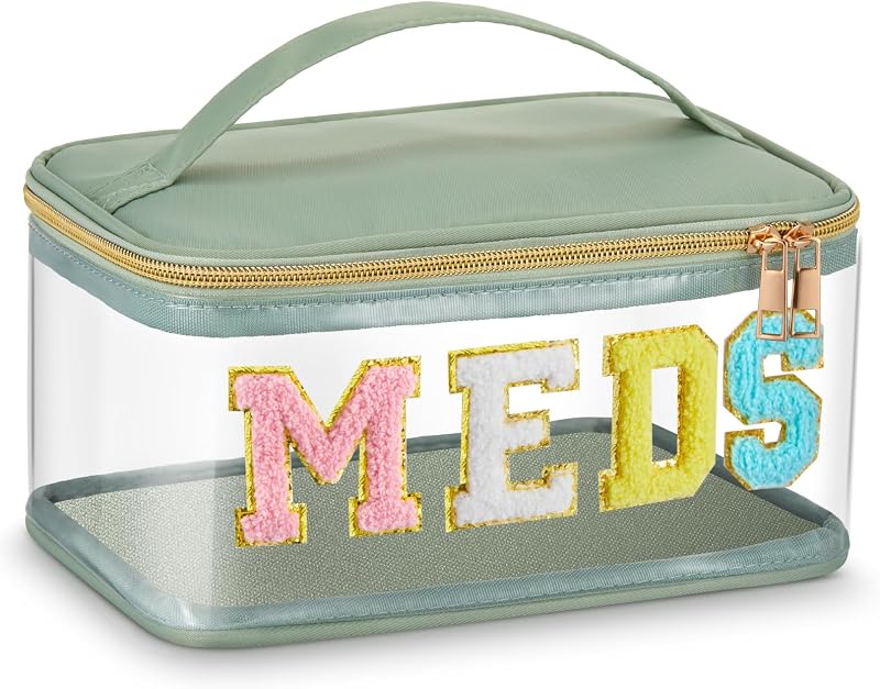 Necessaire transparente Geetery Sage Green com zíper e alça, estampa MEDS
