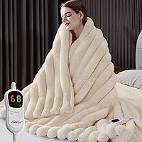 HaloRest Faux Fur Heated Throw Blanket 50x60 - 10 Heat Levels, 1-8 Hour Auto-Off, Overheat Protection, Machine Washable Cream White