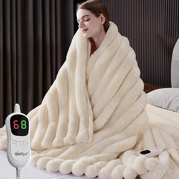 Heated Throw Blanket, Faux Fur Cozy Heating Blanket with Overheat Protection, 1/2/4/6/8 Hours Auto-Off 10 Heat Level, Machine Washable (50x60 Inches, Cream White)
