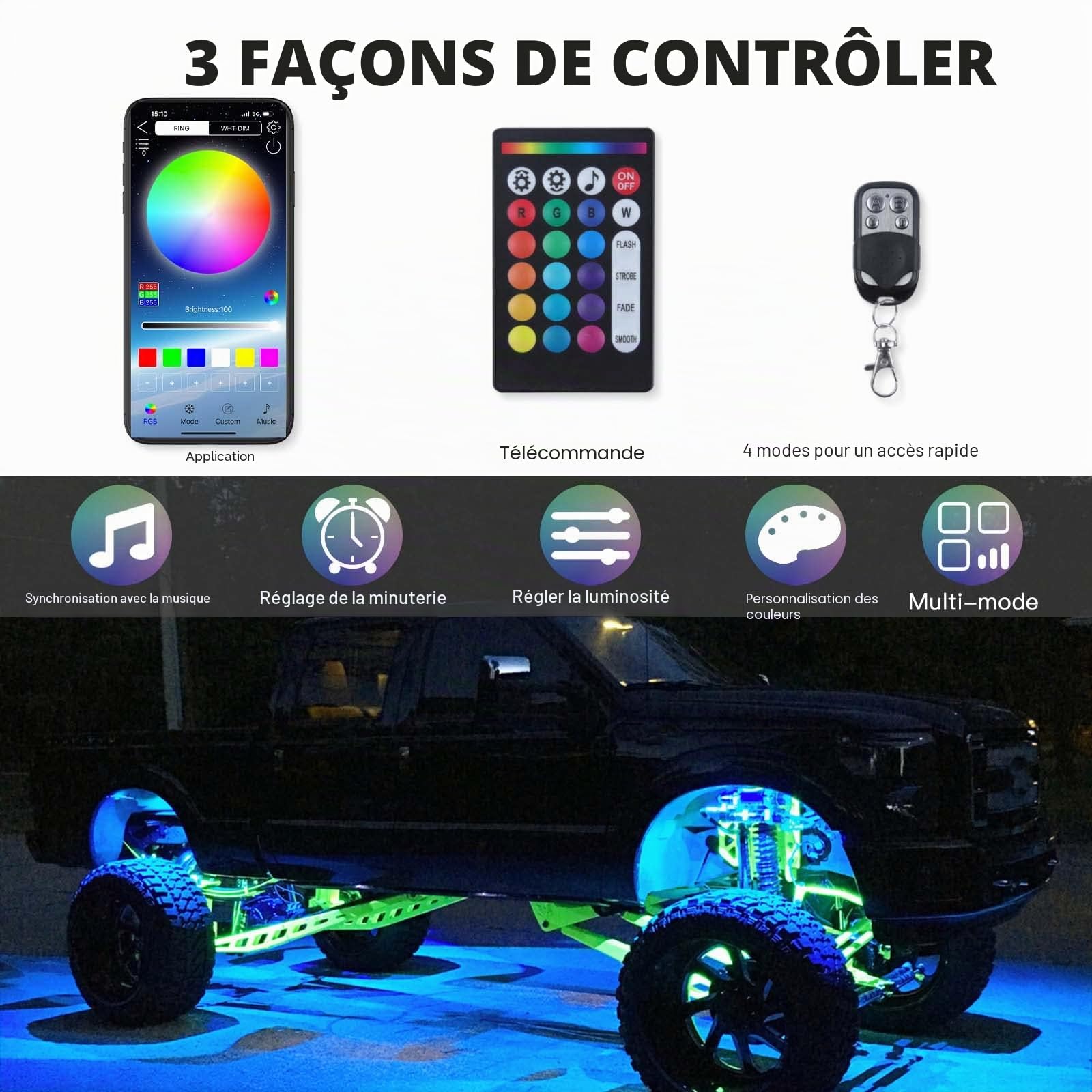 10Pcs Kit de LED Voiture Exterieur, Contrôle APP& Télécommande, Jeu de lumières Multicolores synchronisées avec la Musique, Bandes Lumineuses RGB étanches pour Voitures, camions et SUVs