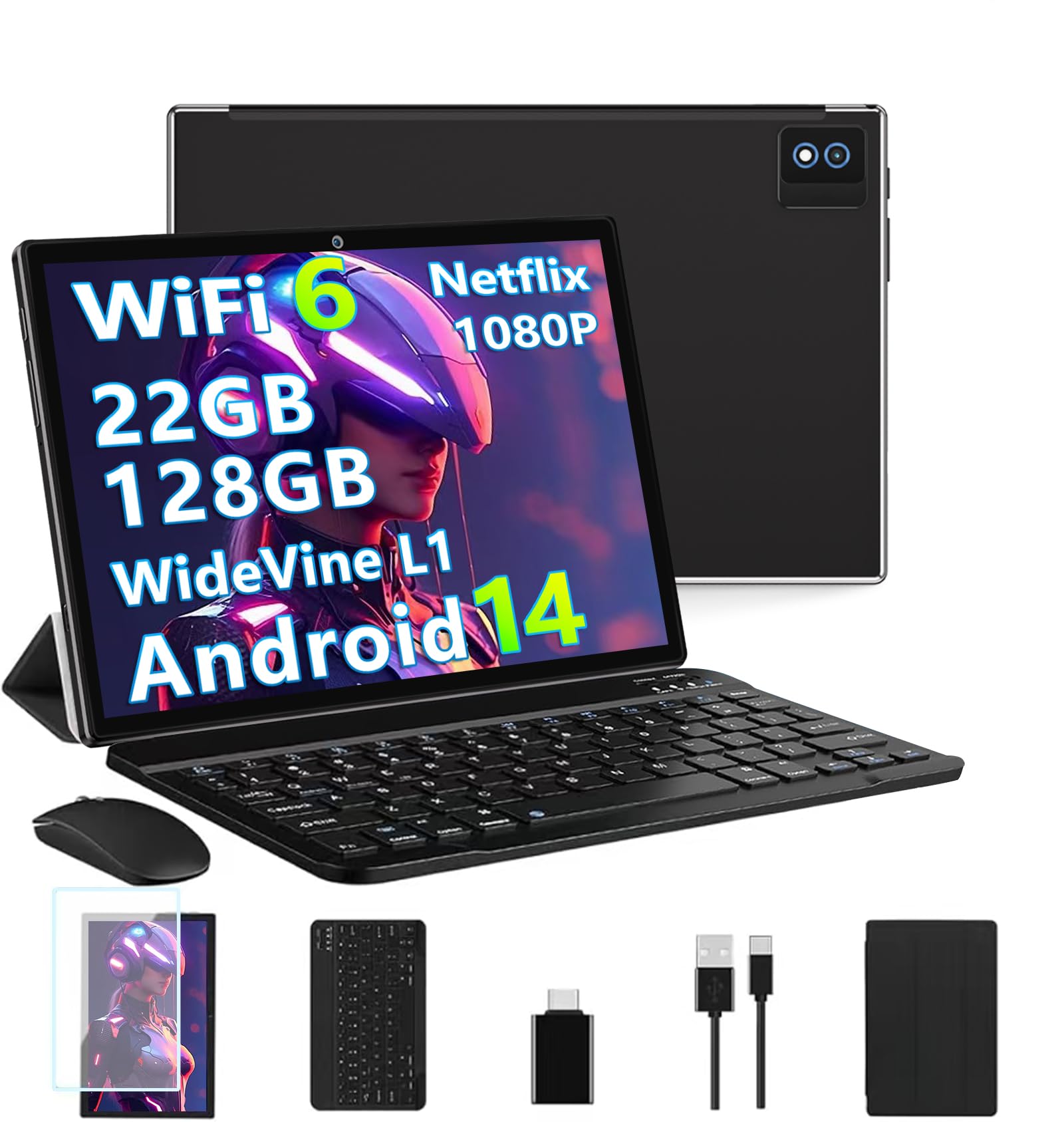 2025 Newest Android 14 Tablets 10 Inch Tablet, 22GB+128GB/2TB, 8000mAh, Octa Core2.0Ghz, 5G/WiFi 6, Widevine L1 FHD, BT5.0, Netflix/Face Unlocking, 13MP, GPS, OTG, GMS Tablet with keyboard＆Mouse-Black