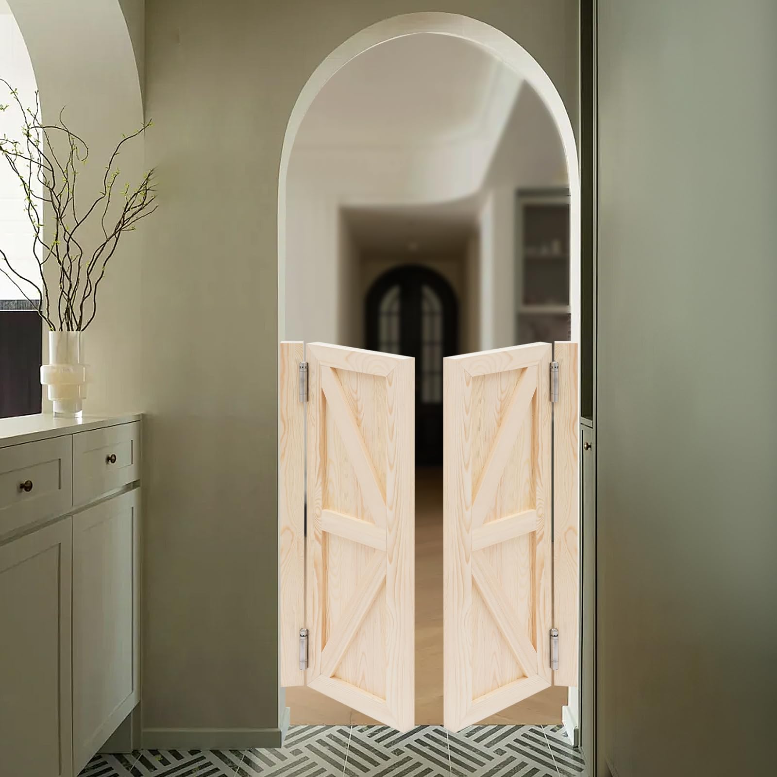 Puerta batiente, puerta oscilante, puerta oscilante de madera, puertas de madera para interiores, puerta corredera, puerta doble de madera de pino con patrón simétrico, adecuada para entrada, cocina