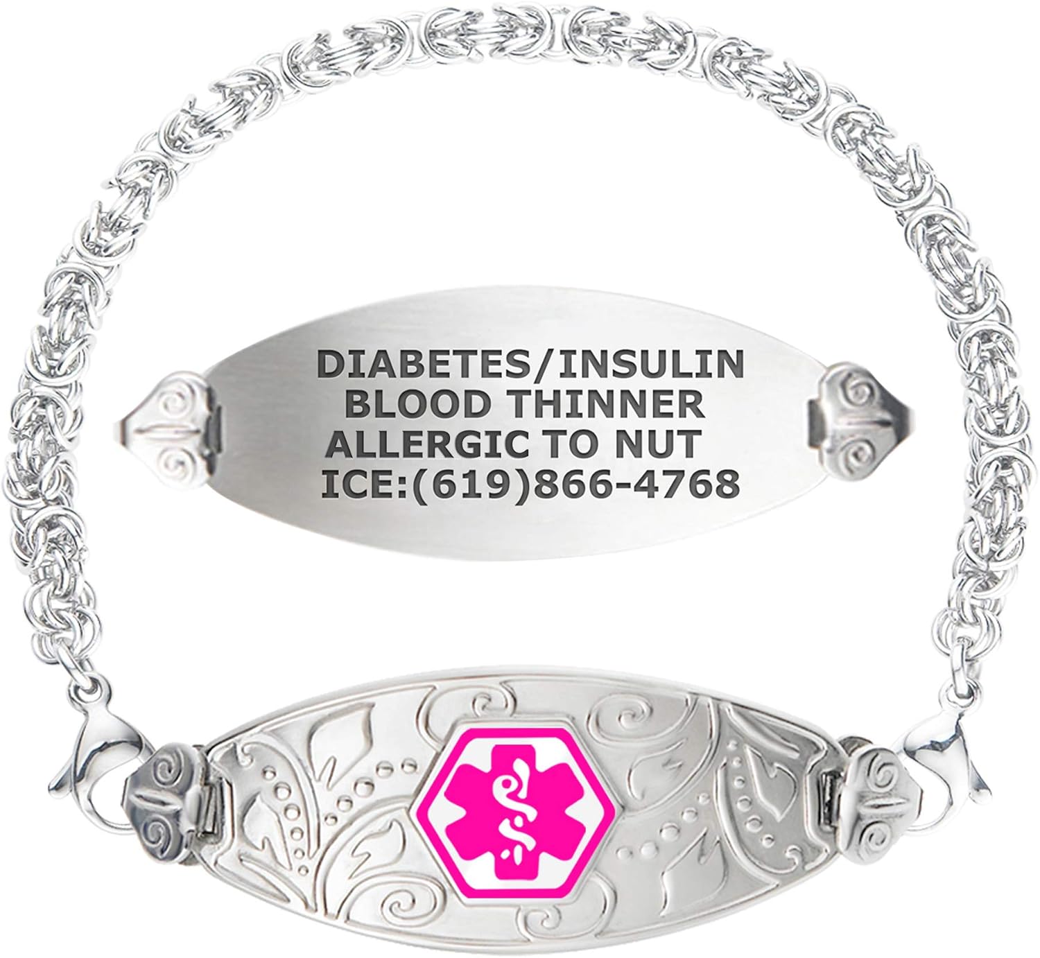 Divoti Custom Engraved Medical Alert Bracelets for Women, Stainless Steel Medical Bracelet, Medical ID Bracelet w/Free Engraving – Lovely Filigree Tag w/Handmade Byzantine-Violet-7.0": Clothing, Shoes & Jewelry