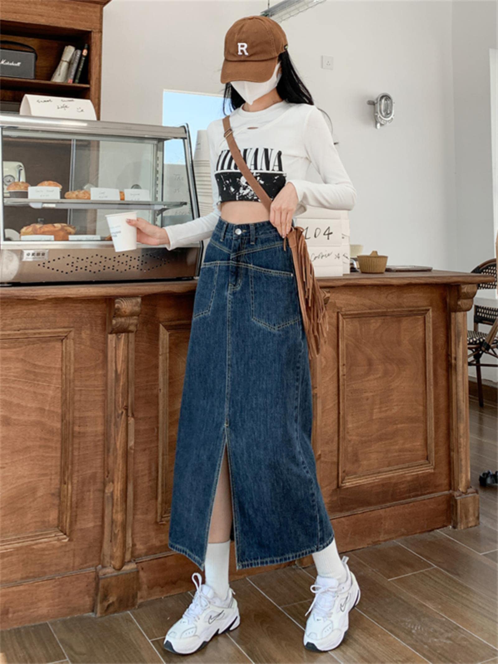 TOBILE Jupes rétro bleu mi-longue jupe en jean pour femme printemps et été nouveau style urbain simple poche droite fendue A-Line jupe femme