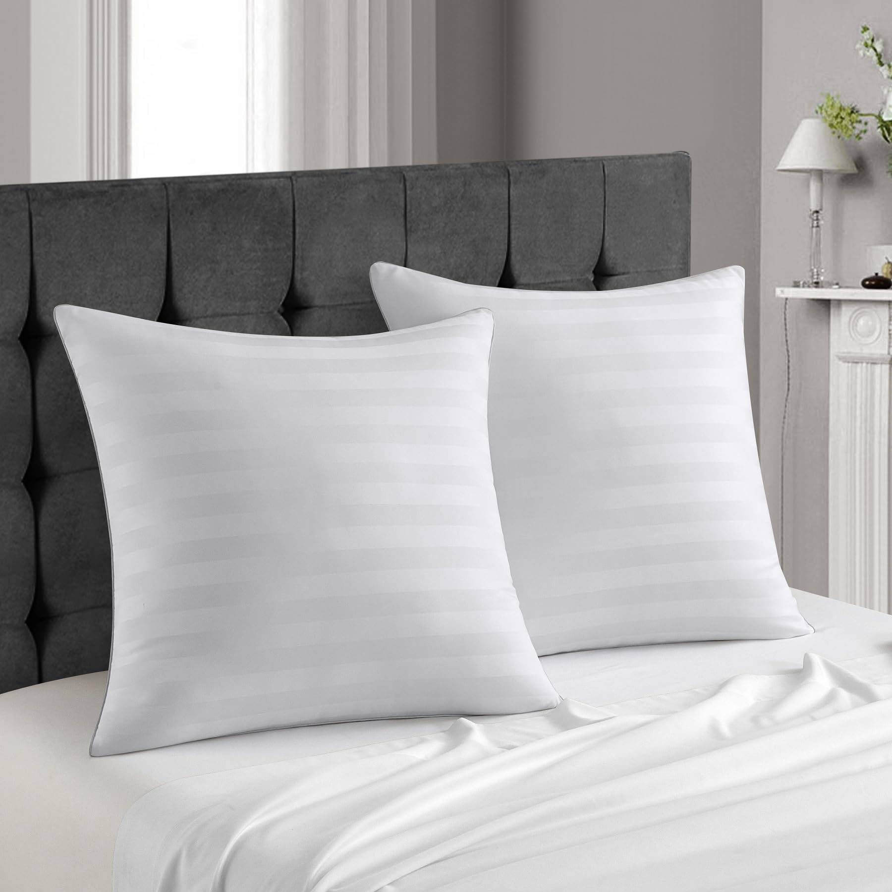 Kopfkissen 80x80 cm 2er Set Gestreifte Weich Kissen Ergonomisches Kopfkissen Nackenschmerzen Premium Hotellerie Kopfkissen Zierkissen Waschbar für Seitenschläfer Rückenschläfer Bauchschläfer