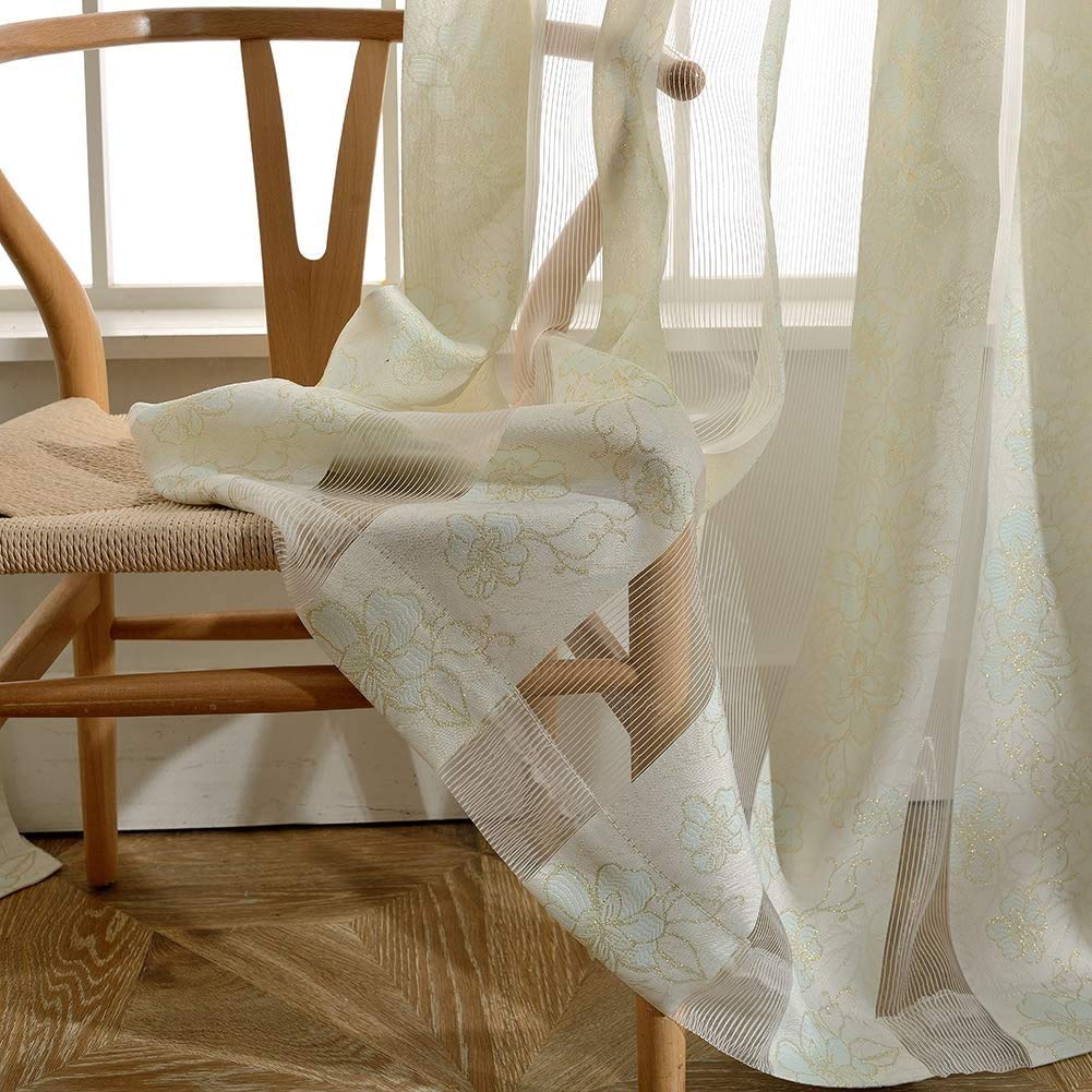 Voile rideau fleurs couture beige rideaux transparents jacquard 200x270cm chambre salon