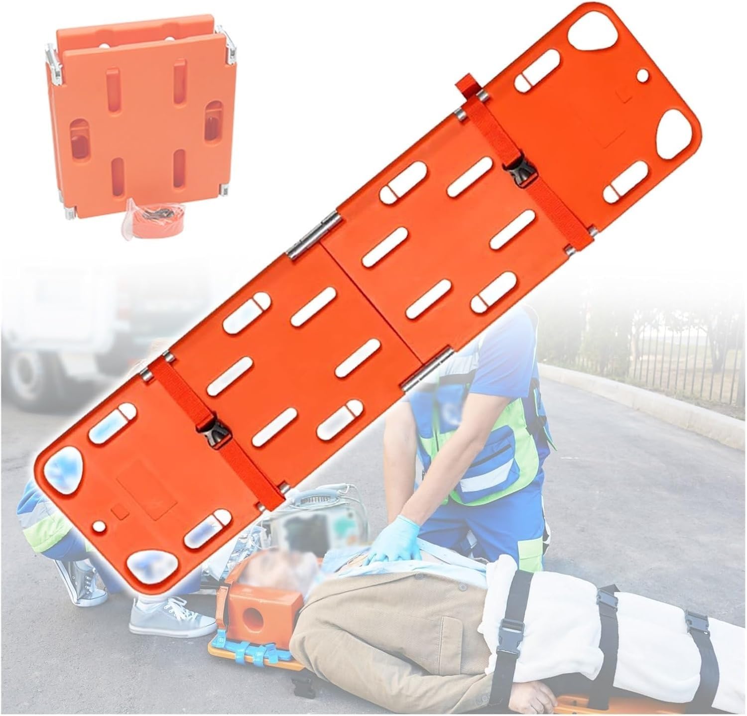 AEDNX 6.2ft Long Four-Fold Orange Spine Board Stretcher with Backboard Straps, Waterproof Folding Light Back Board, Portable Transport Stretcher for Ambulance/Seaside/Pools, 350 Lbs Capacity