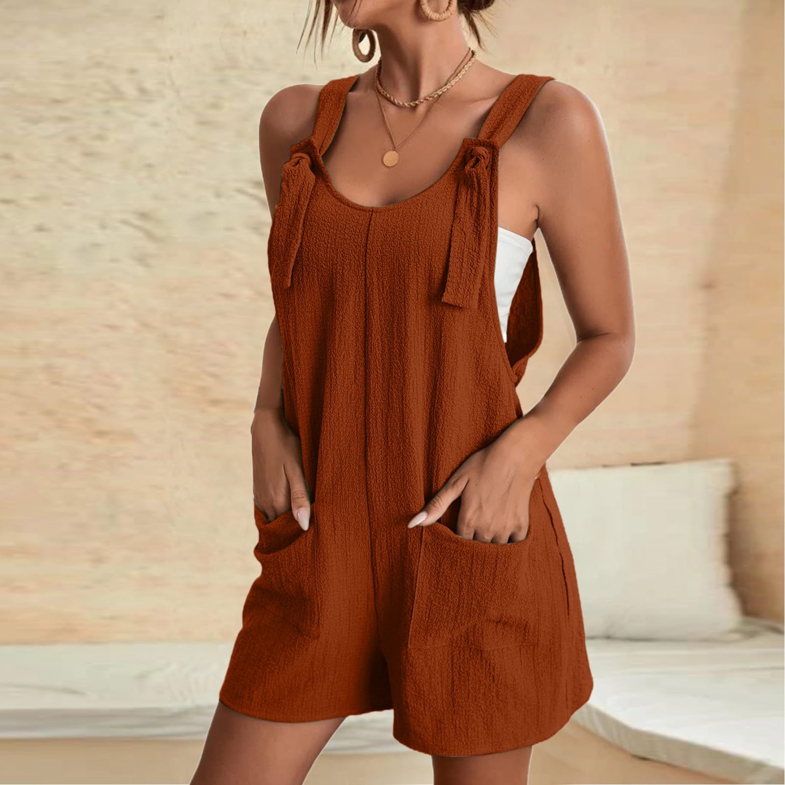 Generisch Mono para mujer, con hombros y cuello en U, con bolsillos, ropa de verano, moda de playa, corte aireado, tirantes, vacaciones, ocio, mono, peto, pantalones, viajes, camping