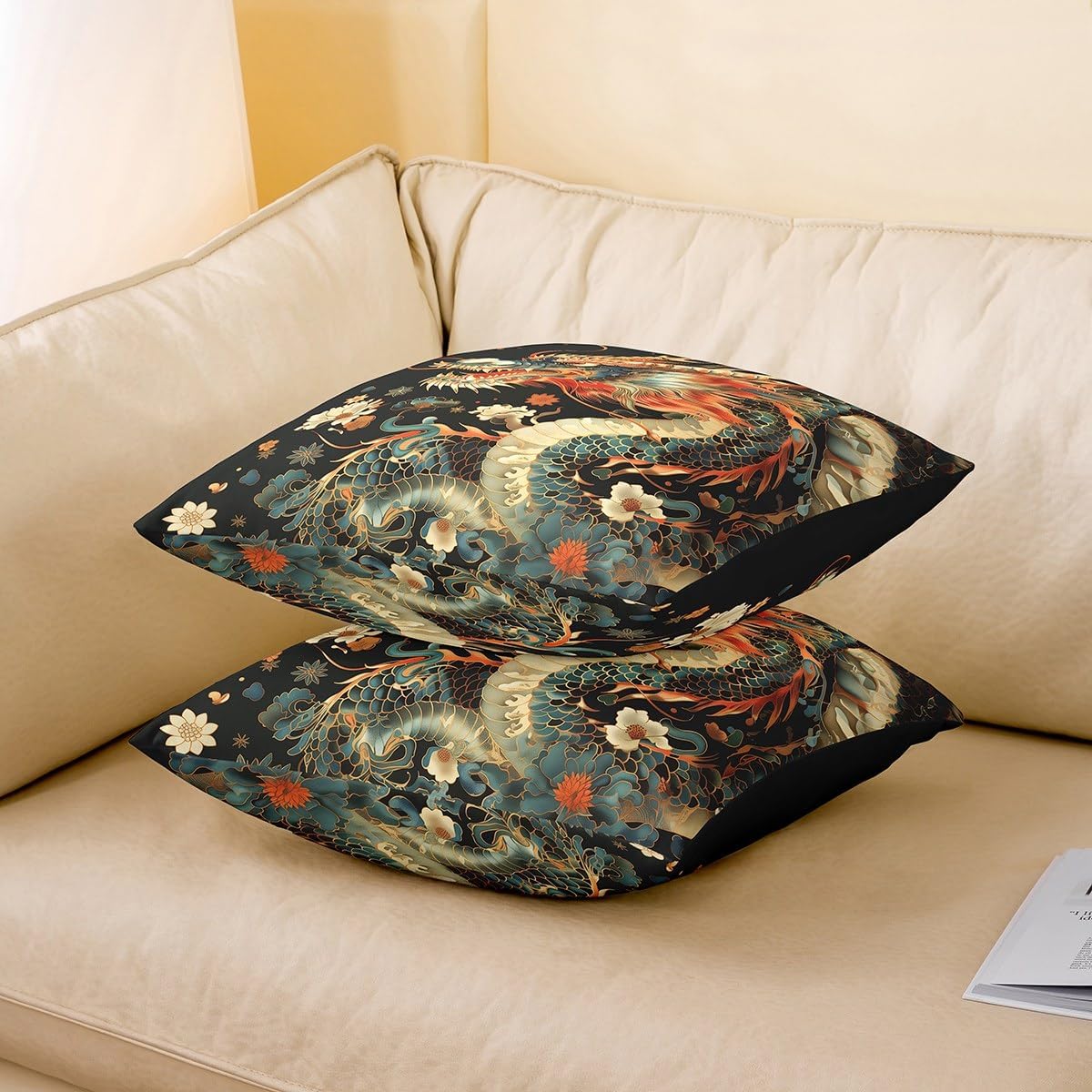 Watercolor Dragon Pillow Covers Chinese Style Pillow Cases Retro Tradition Theme Cushion Cover for Livng Room Dragon Pattern Pillowcase 24x24 Inch,Set of 2