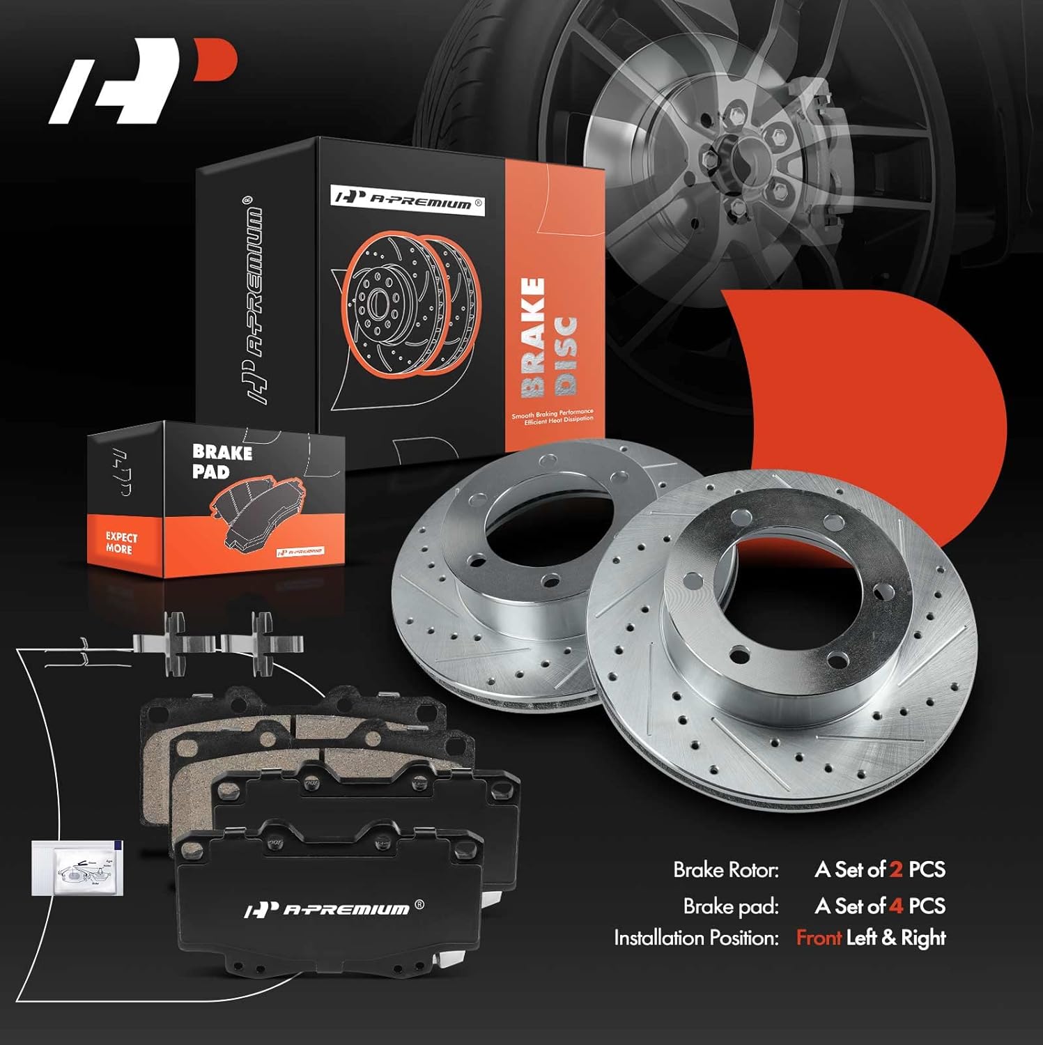 A-Premium 11.69 inch (296.8mm) Front Drilled and Slotted Disc Brake Rotors + Ceramic Pads Kit Compatible with Select Toyota Model - Tacoma 1999 2000 2001 2002 2003 2004, 2.4L 2.7L 3.4L, 6-PC Set