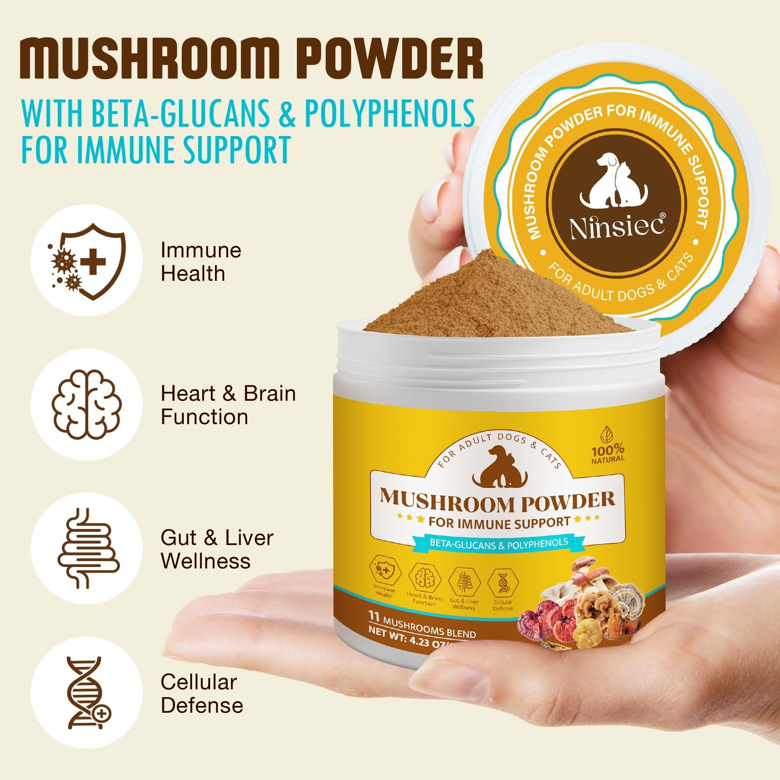 Organic Mushroom Supplement Powder for Dogs & Cats – 11 Mushroom Complex with Turkey Tail, Reishi & Cordyceps, Supports Lipoma, Lumps & Bumps Relief, Immune & Skin Health, 120g — Amazon image 3