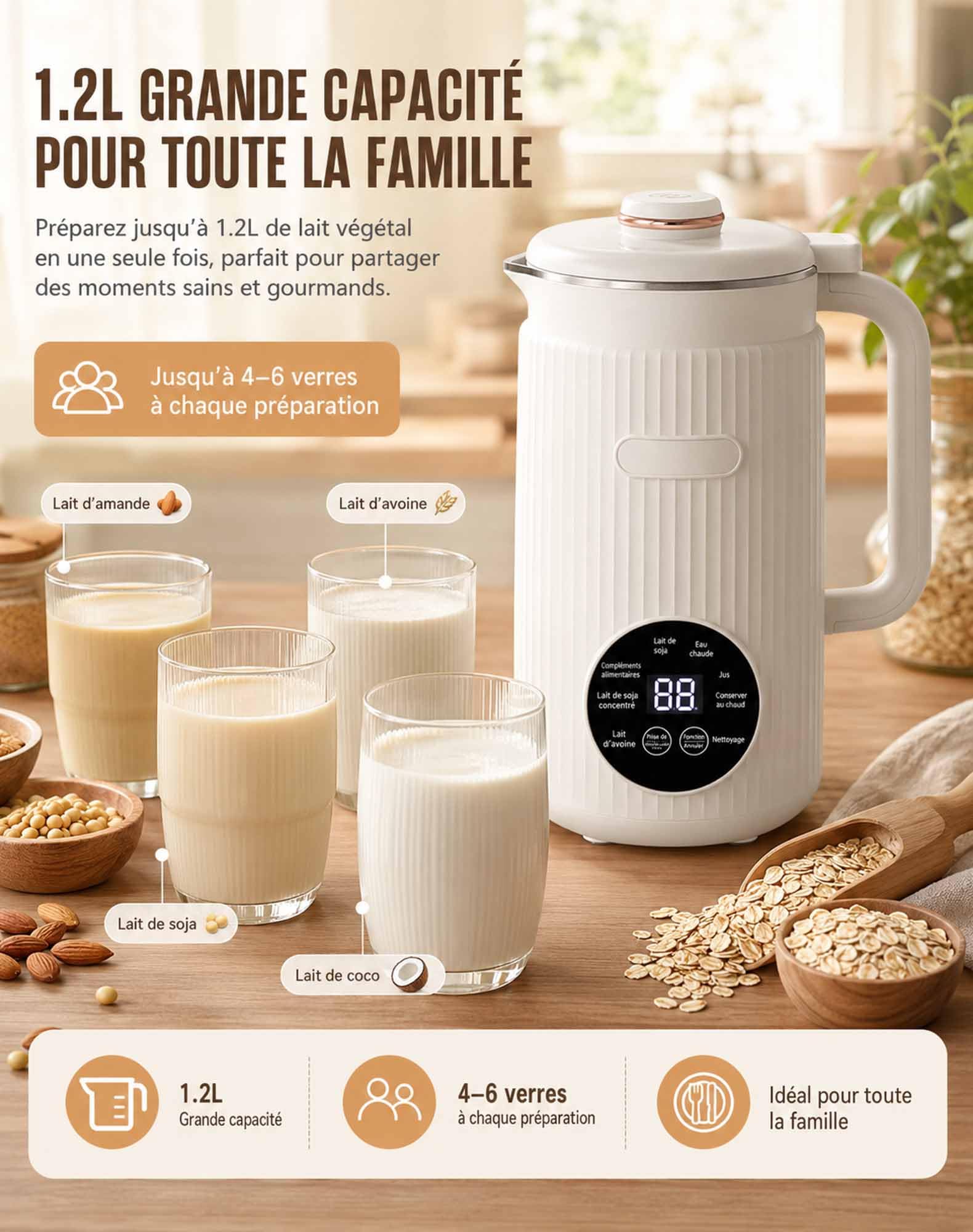 Omalait — Omalait Machine a Lait Vegetal, Fonction D'auto-Nettoyage Et Minuteur Inclut Verre Doseur, Passoire Et Brosse, 18 Recettes Incluses Préparer Des Laits Maison D'amande, D'avoine Et De Soja