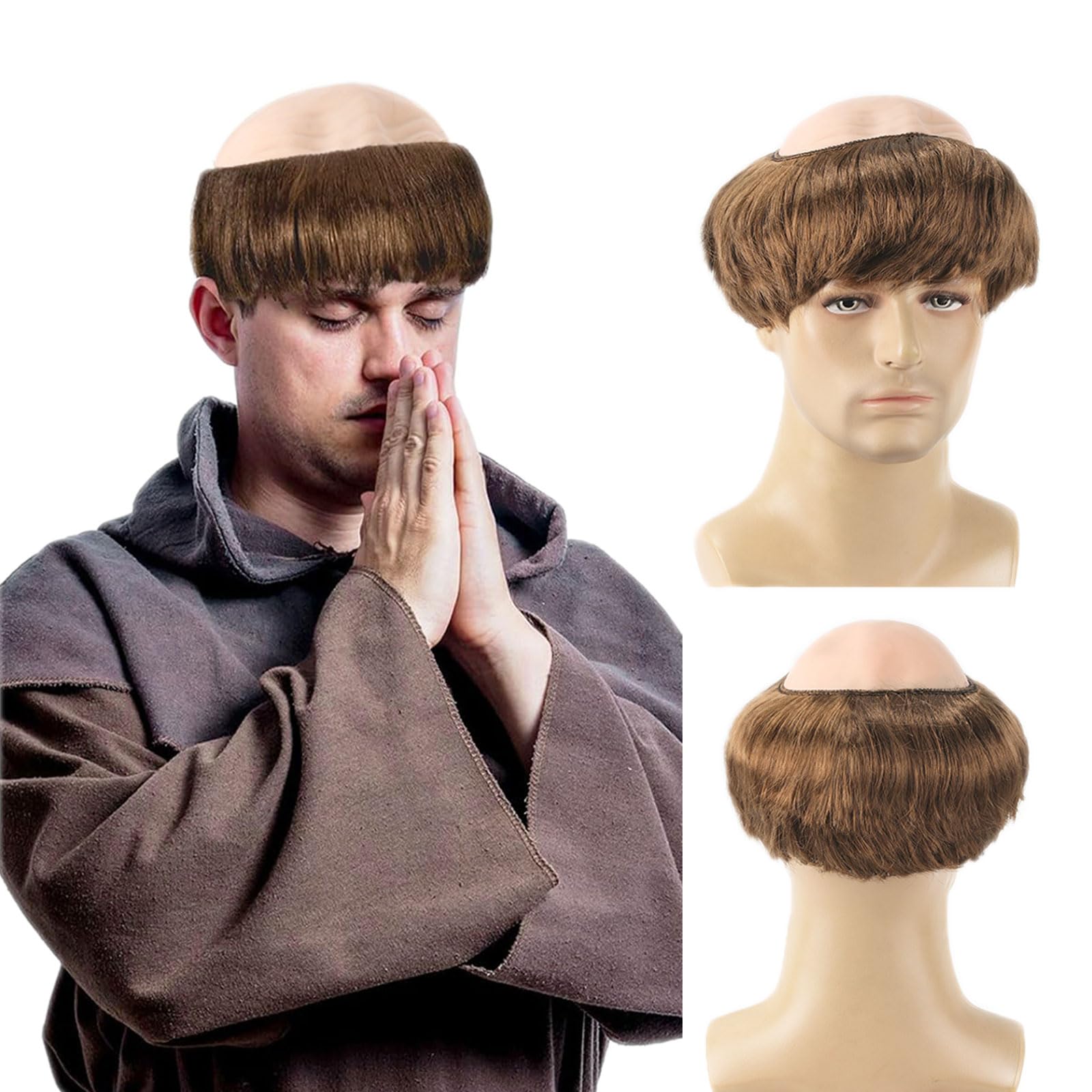 FOUNSHO Monk Bald Cap Wig Short Straight Hair, Men's Fancy Dress Bowl Cut Funny Wig