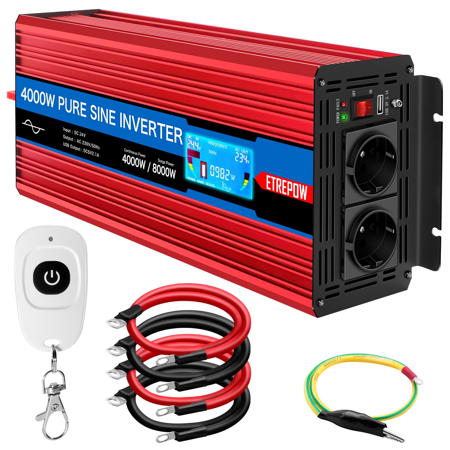 4000W Inverter 24v 220v Onda Sinusoidale Pura | Trasformatore con 2 Prese EU e una USB, Telecomando Senza Fili e Display LCD - Picco 8000W