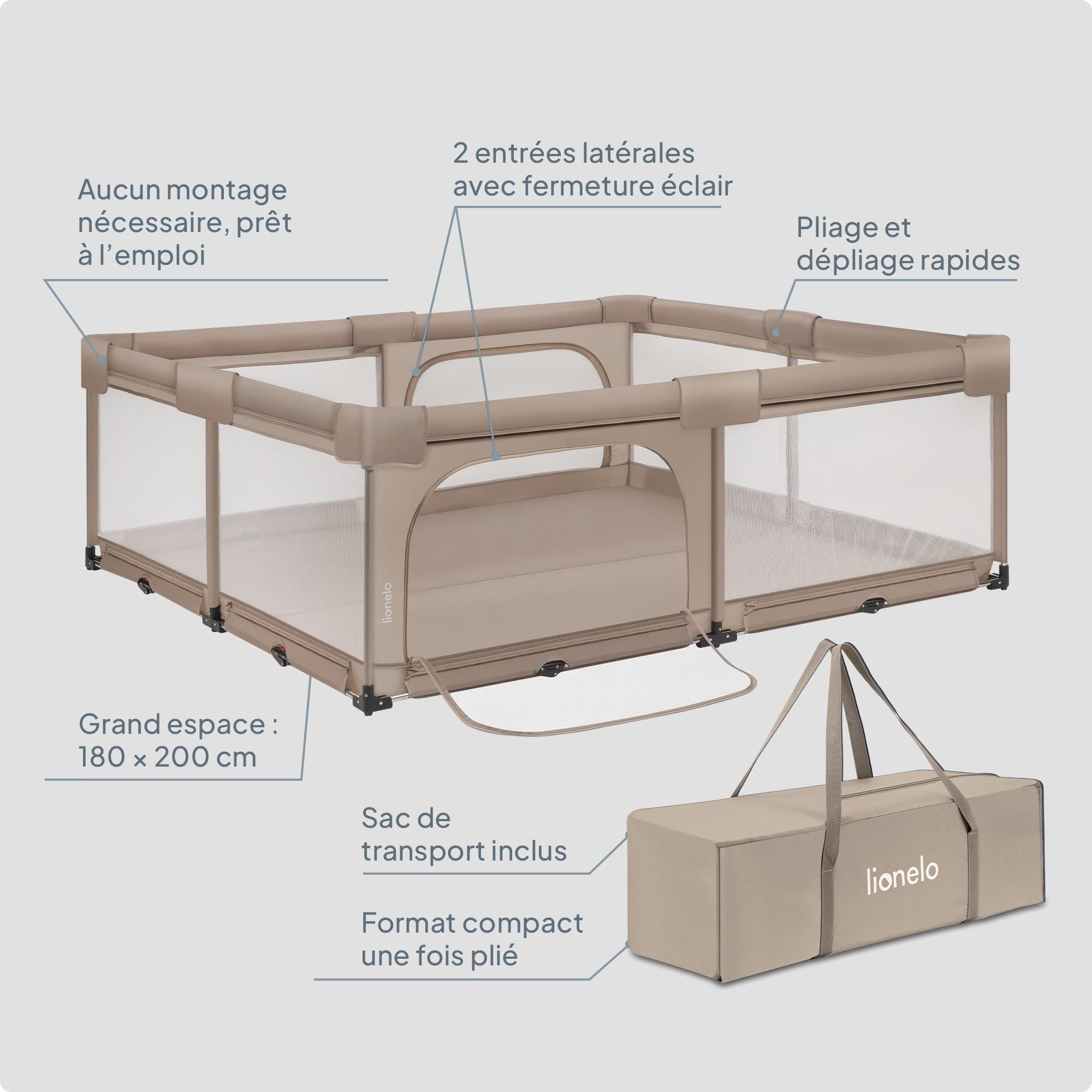 Lionelo Florence XL Easy Fold Parc pour bébé 180 x 200 cm pliable