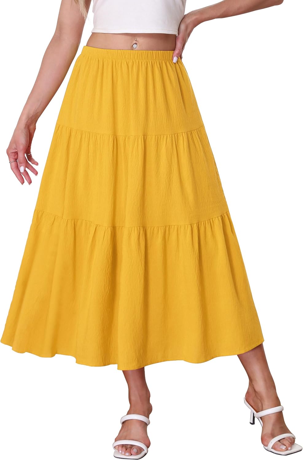 Kingfancy Women's Boho Midi Skirt A-Line Ruffle Elastic High Waist Tiered Flowy Skirts