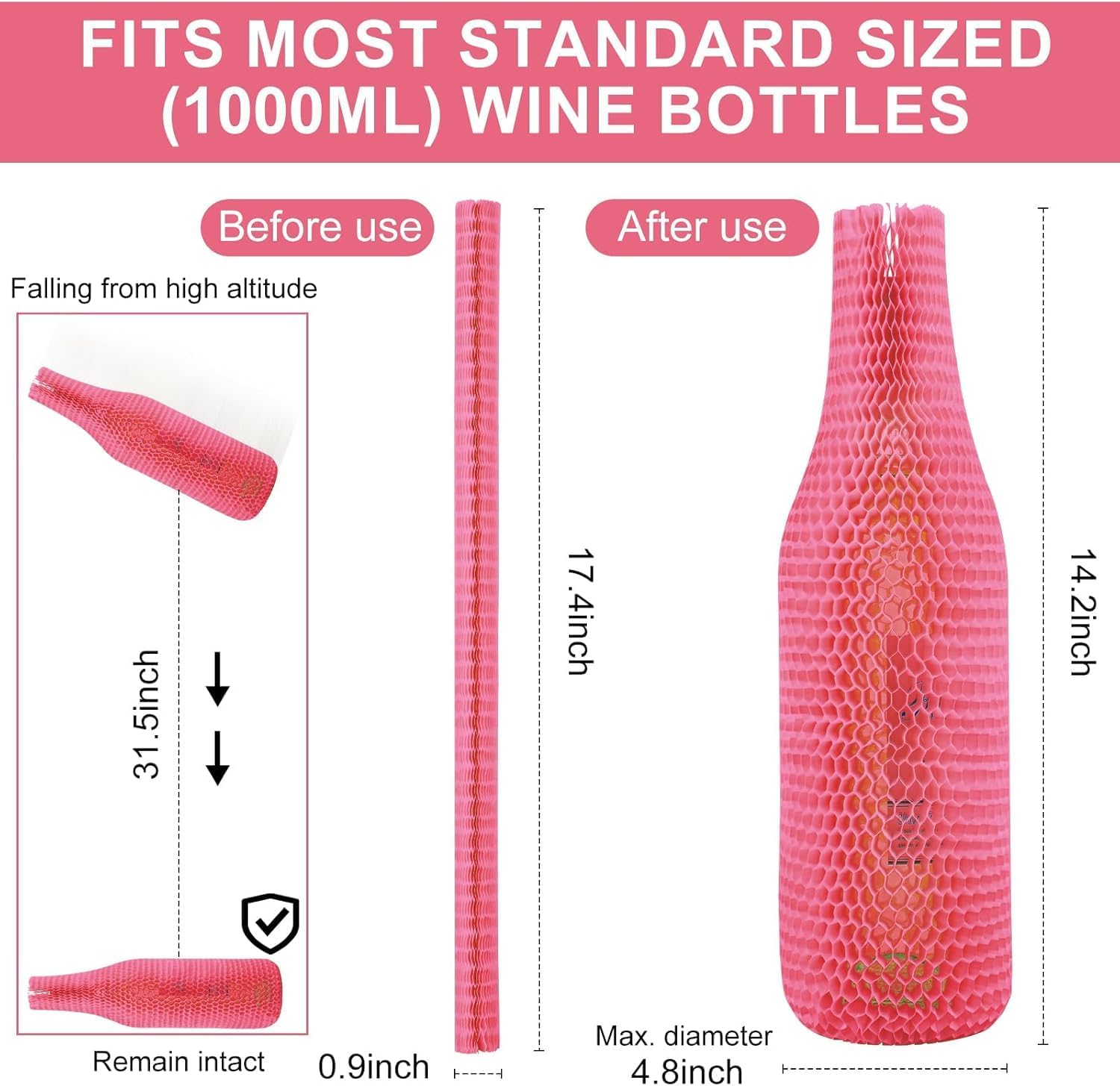 64 Set Wine Bags for Travel Honeycomb Paper, Reusable Glass Liquor Bottle Sleeves, Proof Hardened Safety and Impact Resist for Shipping Packing Transport Pink