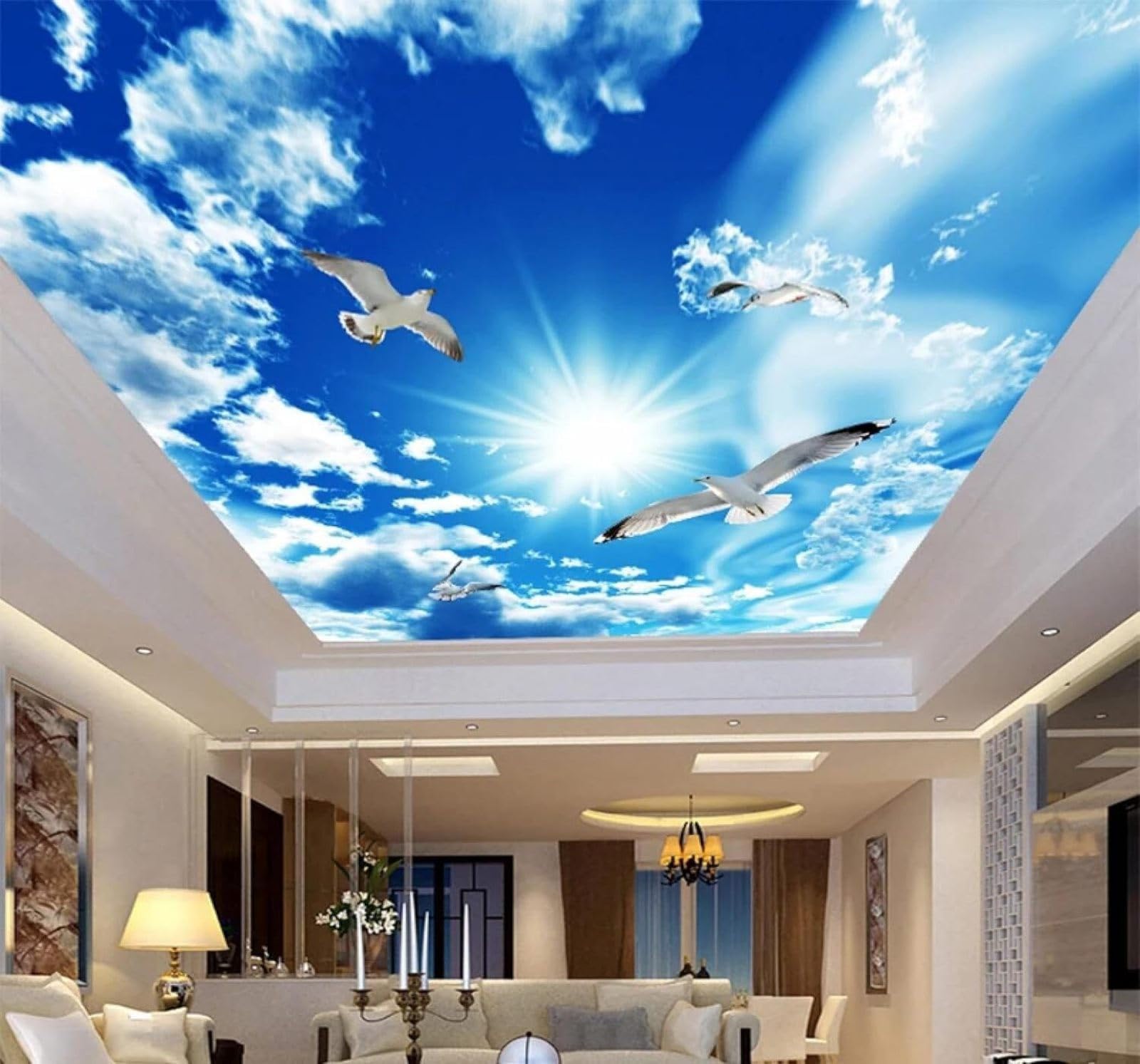 XLMING Sunlight Blue Sky White Clouds Pigeons Natural Scenery 3D Wallpaper Luxury Silk Study Dining Feature Sofa Grey Bedroom Living Room Tv Decorative Wall-150cm×105cm