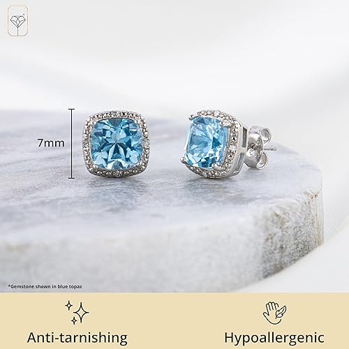 Vista 3 de Aretes tipo dormilona con halo de piedras preciosas y diamantes para mujer, en plata de ley 925, piedra natal de 0.276 in con cierre de presión MAX