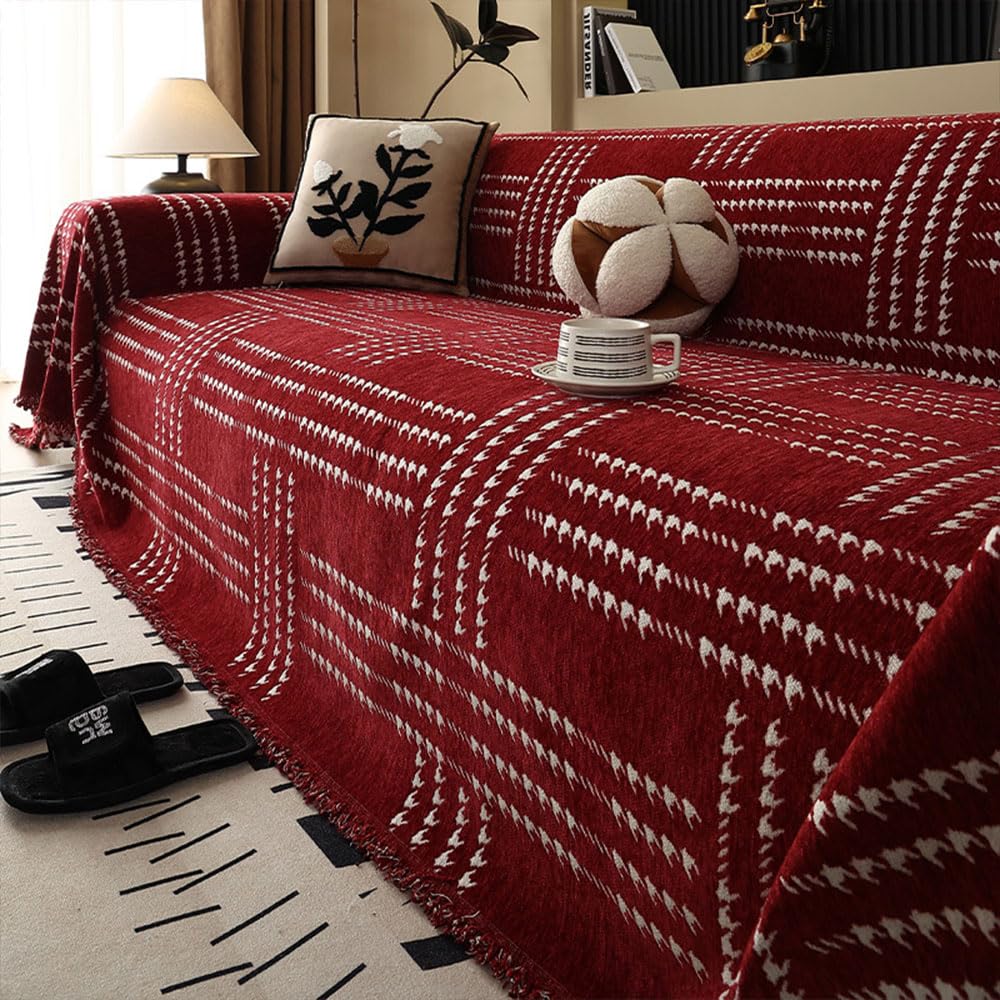 Hiseng Año Nuevo Funda Sofa Chenilla, Moderno Multiusos Manta Cubre para 1 2 3 4 Plazas Fundas para Sofa Cubre Sillon Cama Chaise Longue Couch Cover Protector (Rojo,90x90cm)