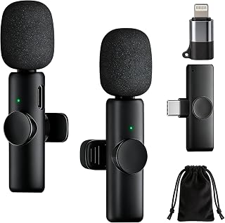 TNSLAND 2 Pieces Wireless Lavalier Microphone, Plug-In Microphone Mini Microphone with Noise Cancellation, Plug and Play, USB-C Lightning for iPhone Android Mobile Phone, Perfect for Interview TikTok