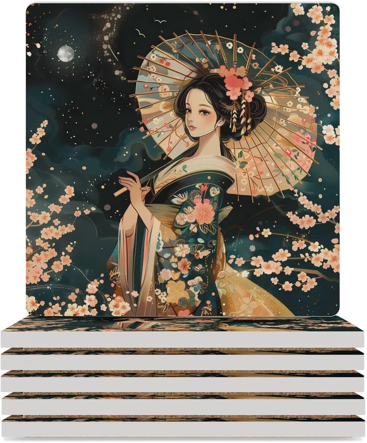 Japanese Geisha Coaster for Drinks Square Ceramic Table Coasters Stone Mat Crafts 6PCS Home Kitchen Decor