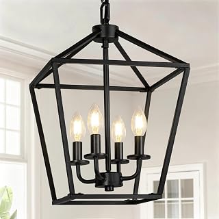 Seaside Village 4-Light Black Industrial Farmhouse Chandelier, Metal Cage Lantern, Adjustable Chain E12 for Kitchen Island Entryway Bedroom