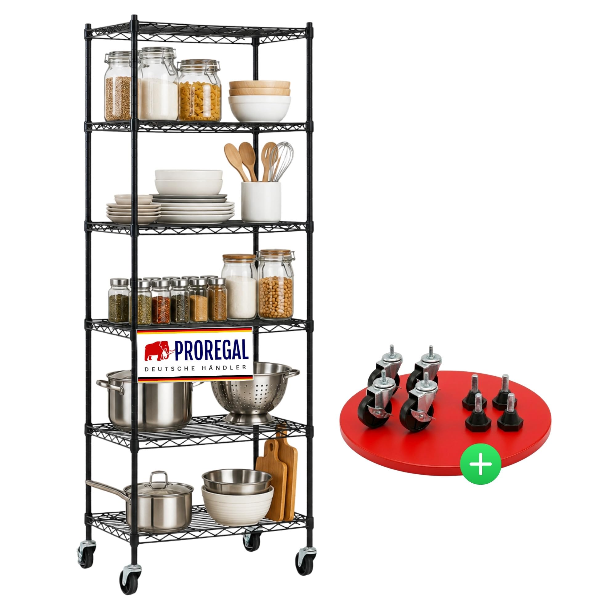 PROREGAL Gitterregal Hades mit Rollen & 6 Gitterböden Metall 160x60x40cm Fachlast 75kg Metallregal Schwarz Drahtregal Schmal Küchenregal Aufbewahrungsregal