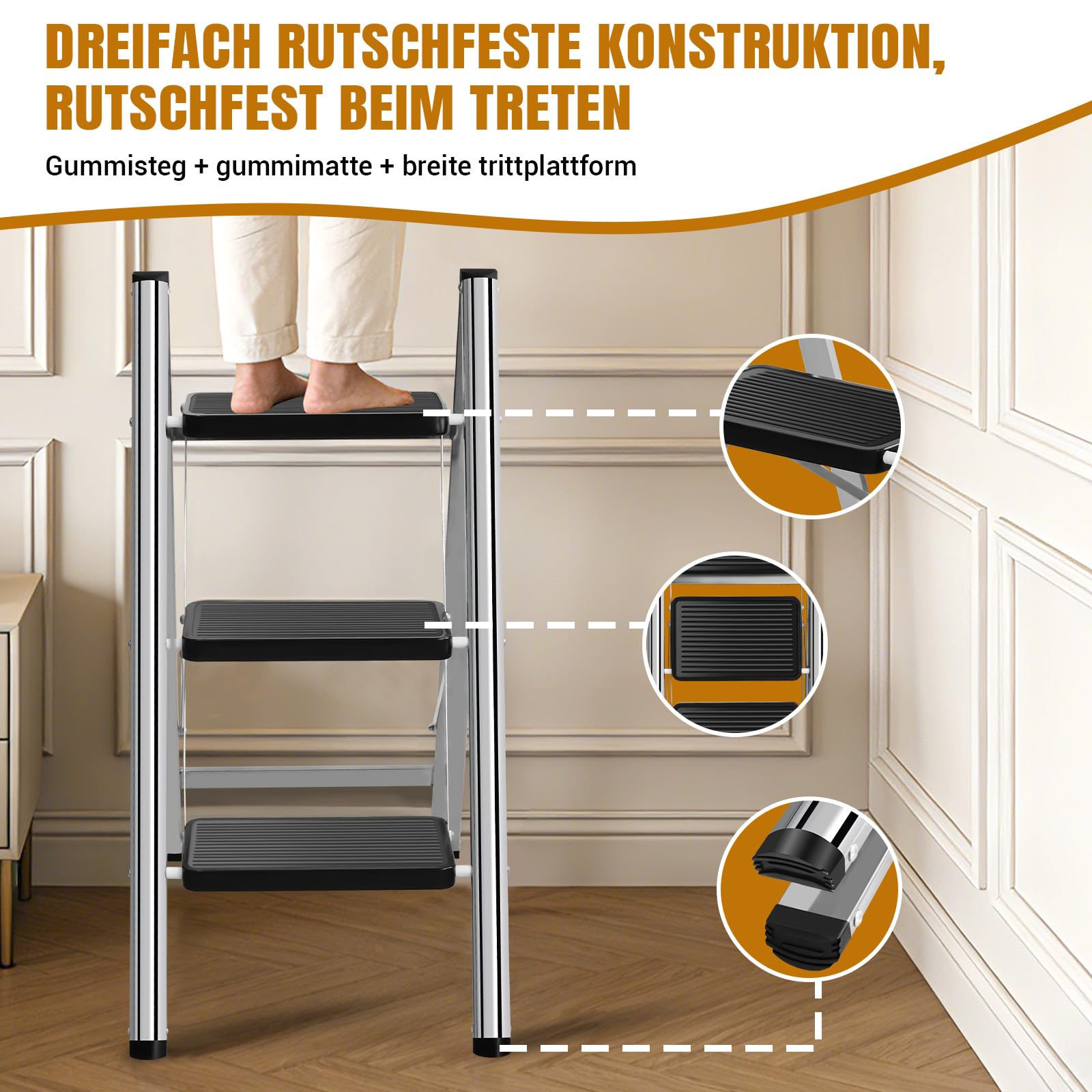 Escalera de 3 peldaños plegable con amplia plataforma antideslizante, escalera de acero inoxidable ligera con capacidad de carga de 150 kg, diseño plegable compacto para el hogar, cocina, autocaravana