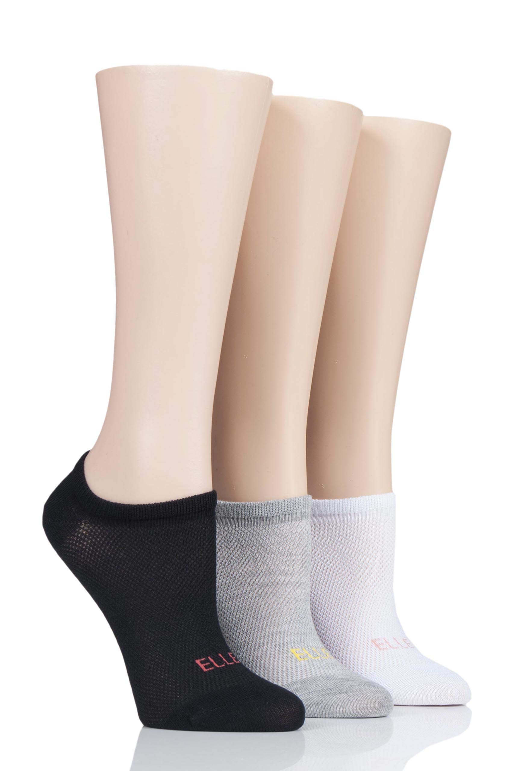 ELLE Ladies 3 Pair Sport Mesh Bamboo No Show Socks (4-8, Black/Grey/White)