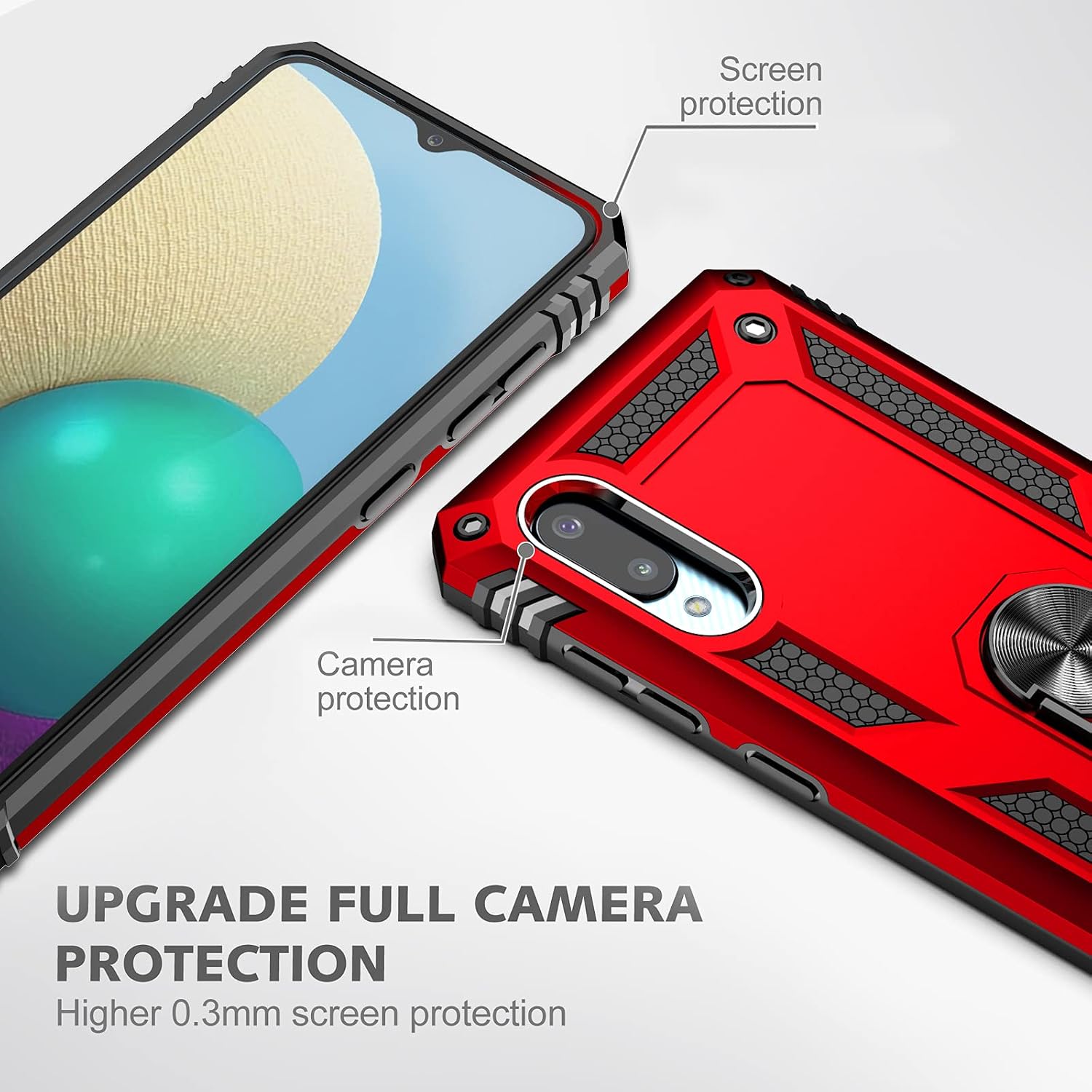 Dretal Galaxy A02 Case with Tempered Glass Screen Protector and Camera Screen Protector, Military Grade Shockproof Protective Case Cover with Rotating Holder Kickstand for Samsung Galaxy A02 (JS-Red)