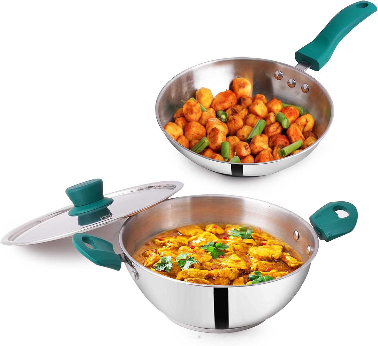 The Indus Valley Stainless Steel Cookware Set Sandwich Bottom - Set of 3Pcs | Fry Pan (22.8 Cm/1.5L)+ Kadai with Lid (22.6 Cm/2.1L) | Kitchen Cooking Combo Pots & Pans, Naturally Nonstick