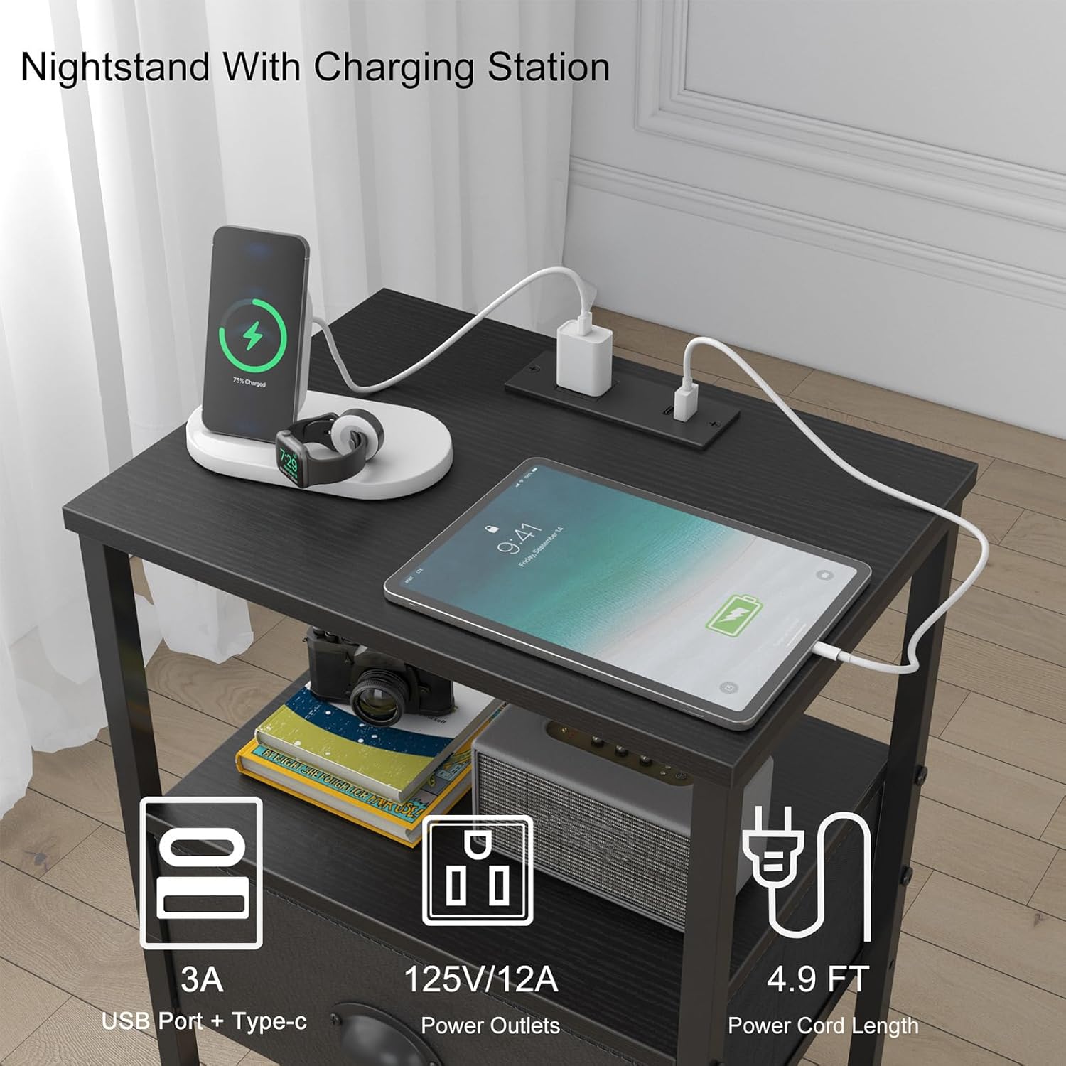 sthmec Nightstands Set of 2, Black Night Stands with Charging Station, Bedside Tables with Drawers PU Finish, 2-Tier Side Table with Open Shelf, Nightstands with Drawer,Black