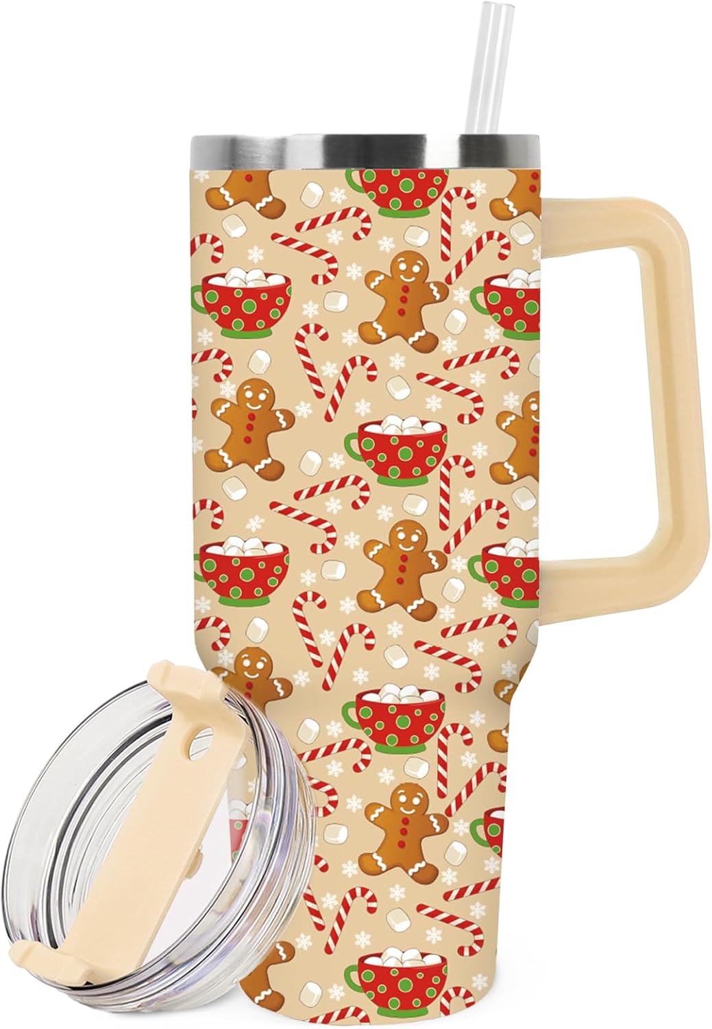 JarThenaAMCS 1 Pcs Christmas Tumbler with Handle Lid Straw 40 Oz Gingerbread Man Candy Cane Stainless Steel Travel Tumbler Cup for Xmas Iced Coffee Party Favor