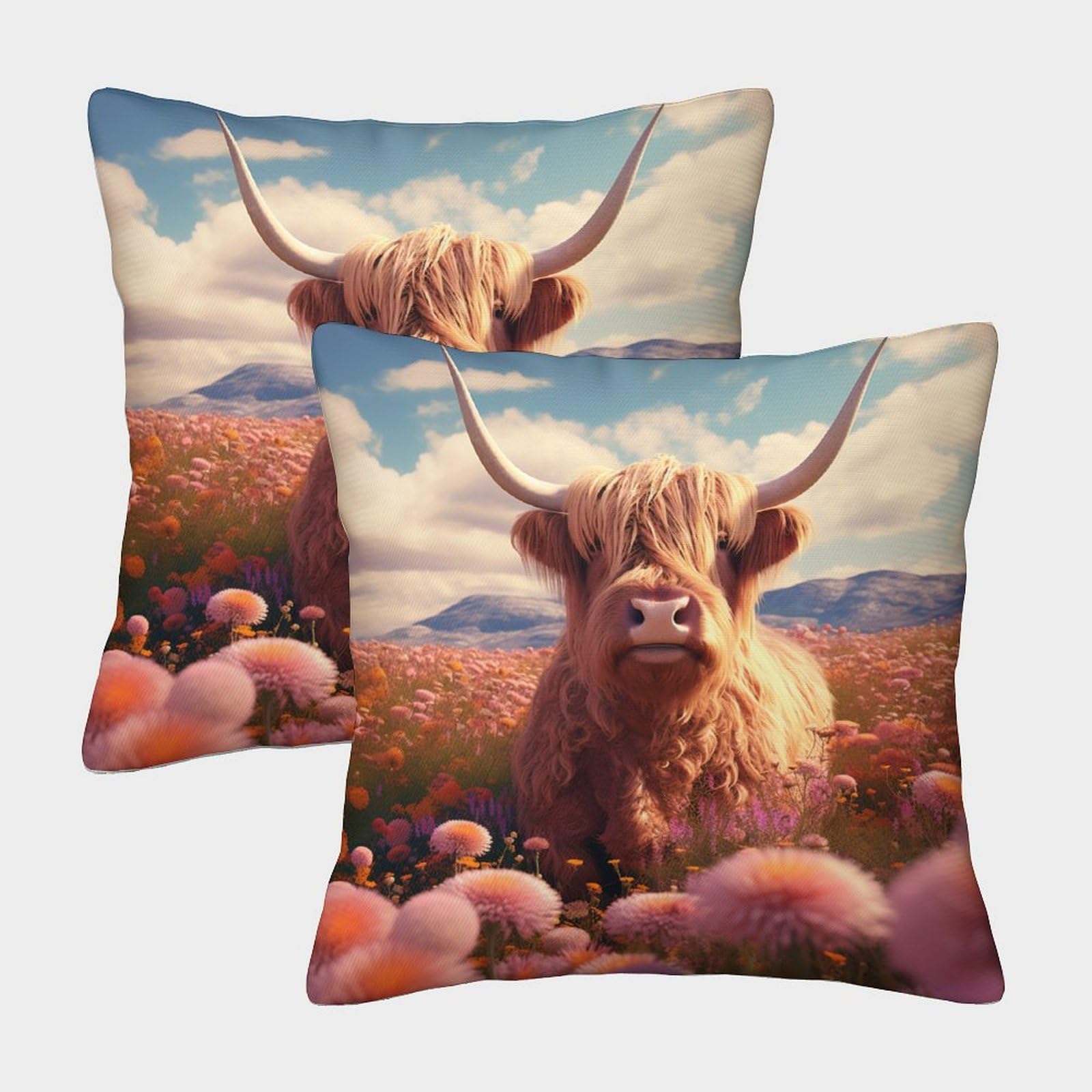 ZHUICHENG 3D Printed Highland Cattle Throw Pillow Covers Cow Square Cushion Cover Garden Cushion Super Soft Pack of 2 Home Decor for Sofa Bedroom 40x40cm