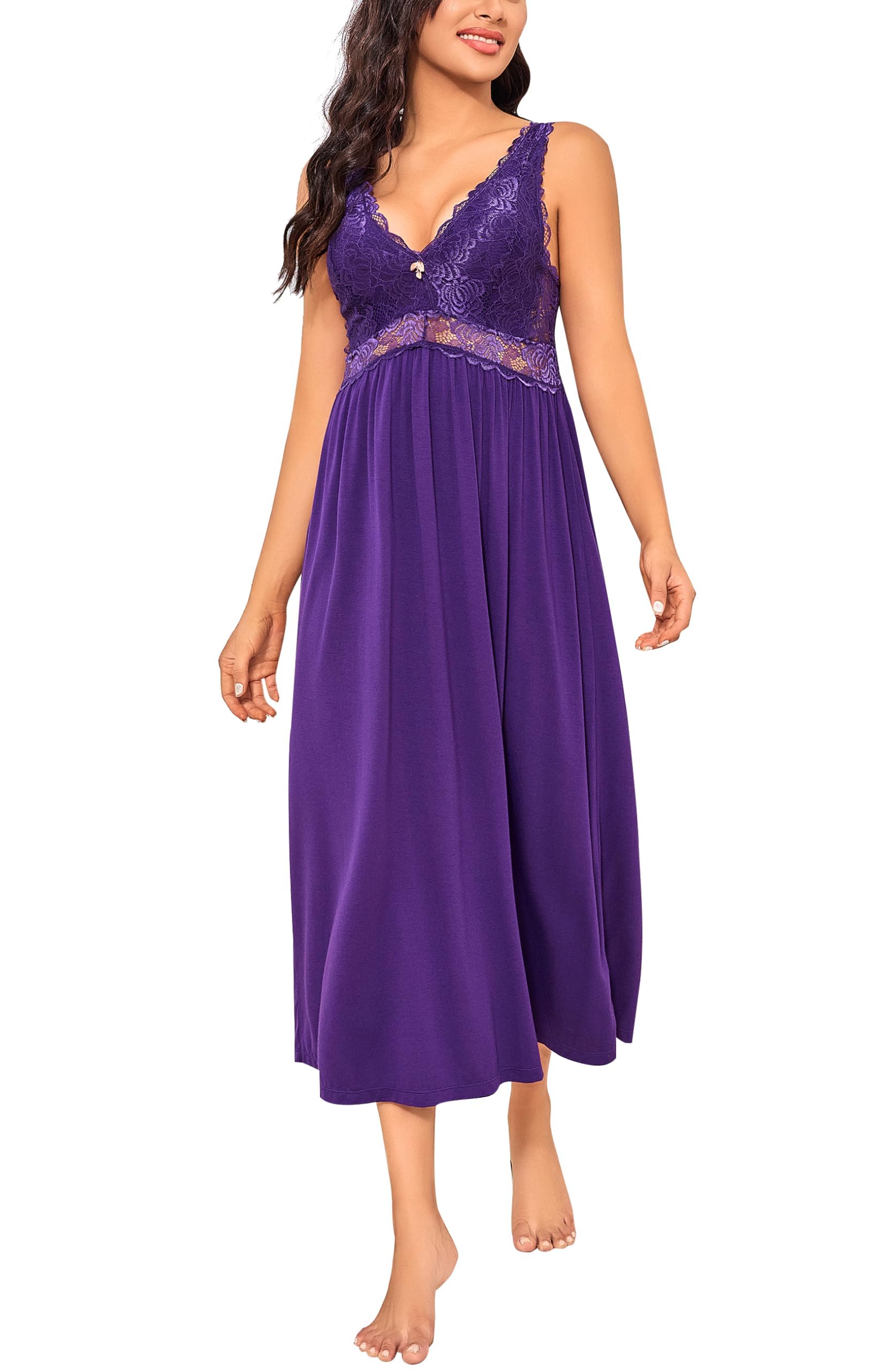 Alcea Rosea Women's Violet Long Lace Nightdresses V Neck Sexy Chemise Nighties Strap Nightgown Elegant For S-Xxxl(, S)
