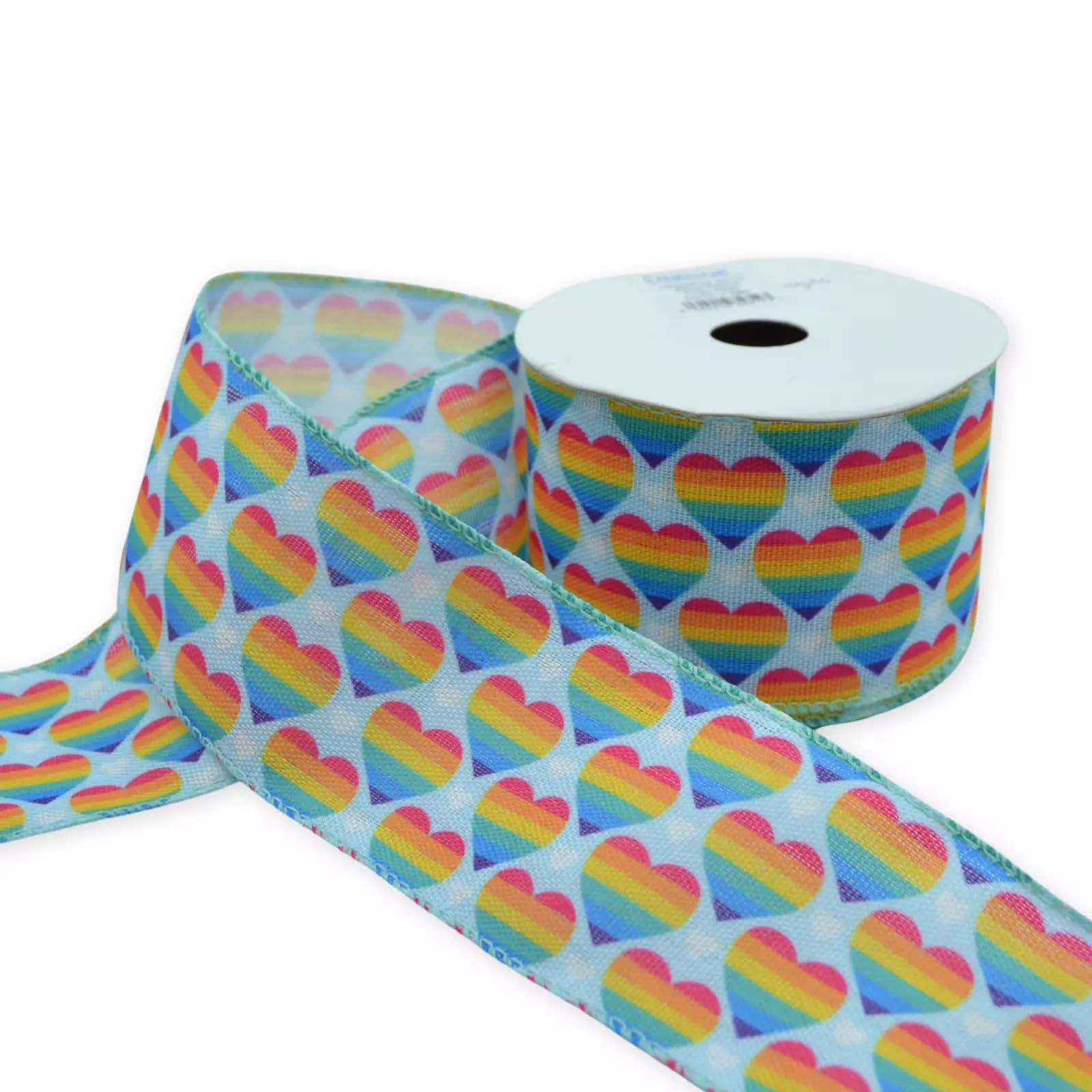 Rainbow Faille Ribbon - 10mm - 35mm Wide - Gift Wrap, Bow Making, Pride, Cakes, Birthday Gifting, Crafts, Bouquets, Home Décor (Wired Rainbow Hearts 63mm, 4 Metre) — image 1