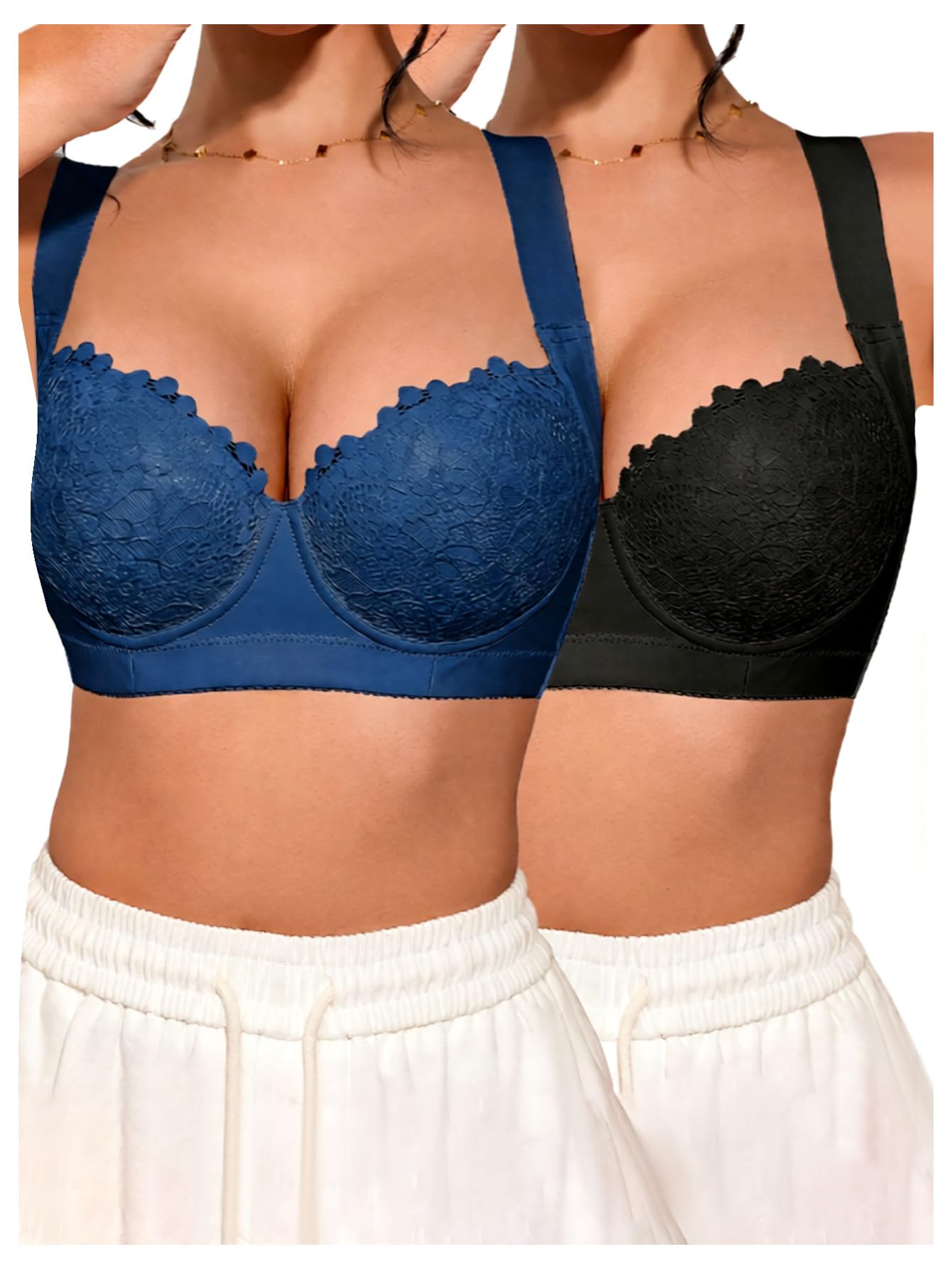 Confezione da 2 Reggiseni con Ferretto in Pizzo Floreale Donna Bralette Push Up Spalline Larghe A Balconcino Blu/Nero 34B(Blue/Black,(34) 34C)