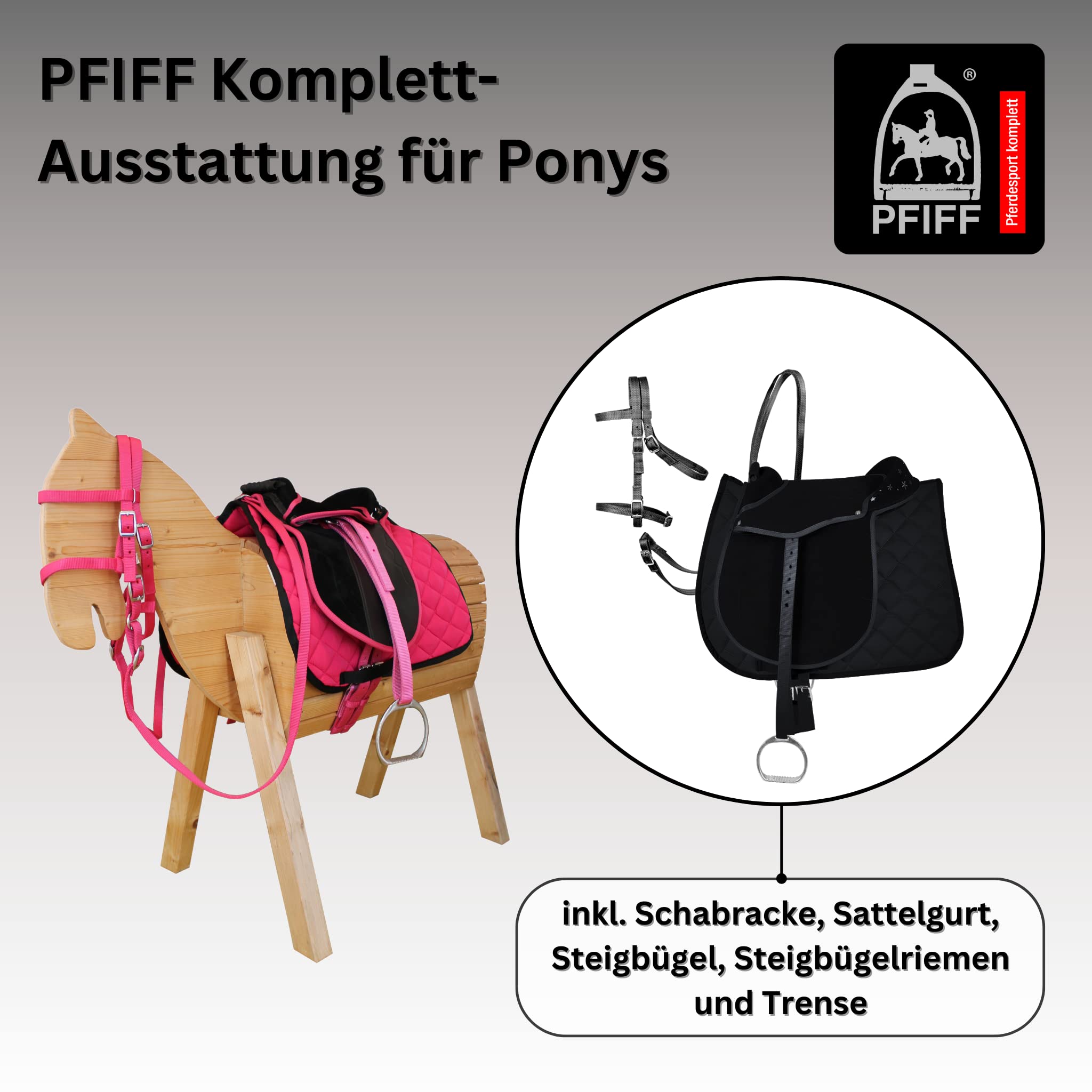 PFIFF 102292 Sattel-Set Komplettausstattung für Ponys und Holzpferde/Plüschpferde, Schwarz