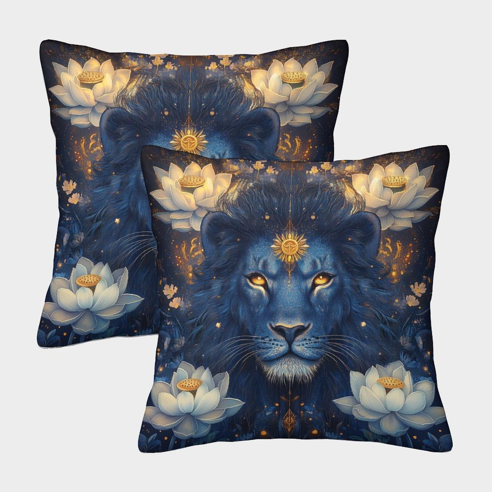 kaiyun 2 Pack Throw Pillowcase 45x45cmBlue Lion-Lotus Pattern Cushion Cover Home Decoration