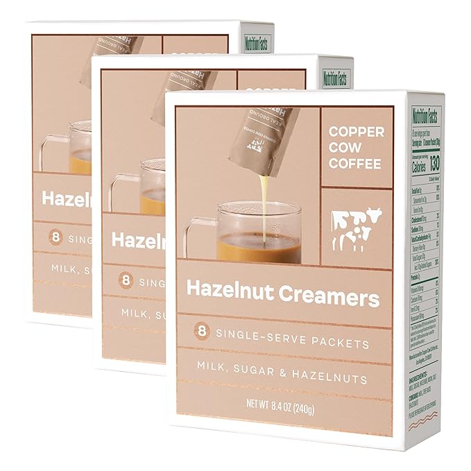 What sets Copper Cow Coffee Sweetened Hazelnut Milk Creamers apart from other options out there? One distinguishing feature is their all-natural composition. Made with real milk and natural hazelnut flavoring, these creamers contain no artificial ingredients or preservatives. Moreover, they come in convenient single-serve packets, eliminating the need for measuring or carrying bulky creamer bottles with you.