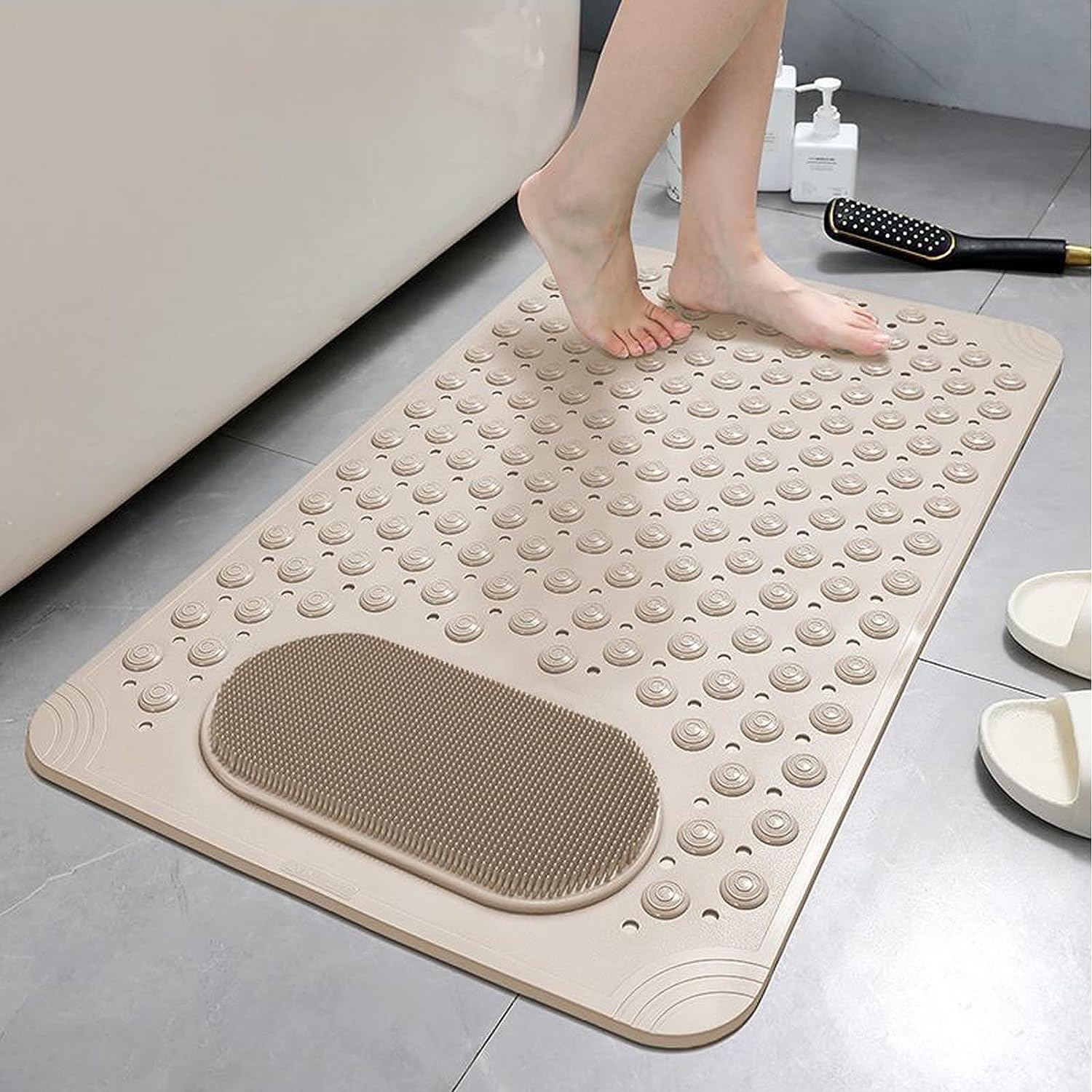 Quick Drying Feet Massage Bath Mat, Non-Slip Shower Mat with Drain Holes Suction Cups, Machine Washable Tub Shower Mats for Bathroom, 27.6 x 14.2 inches (Beige)