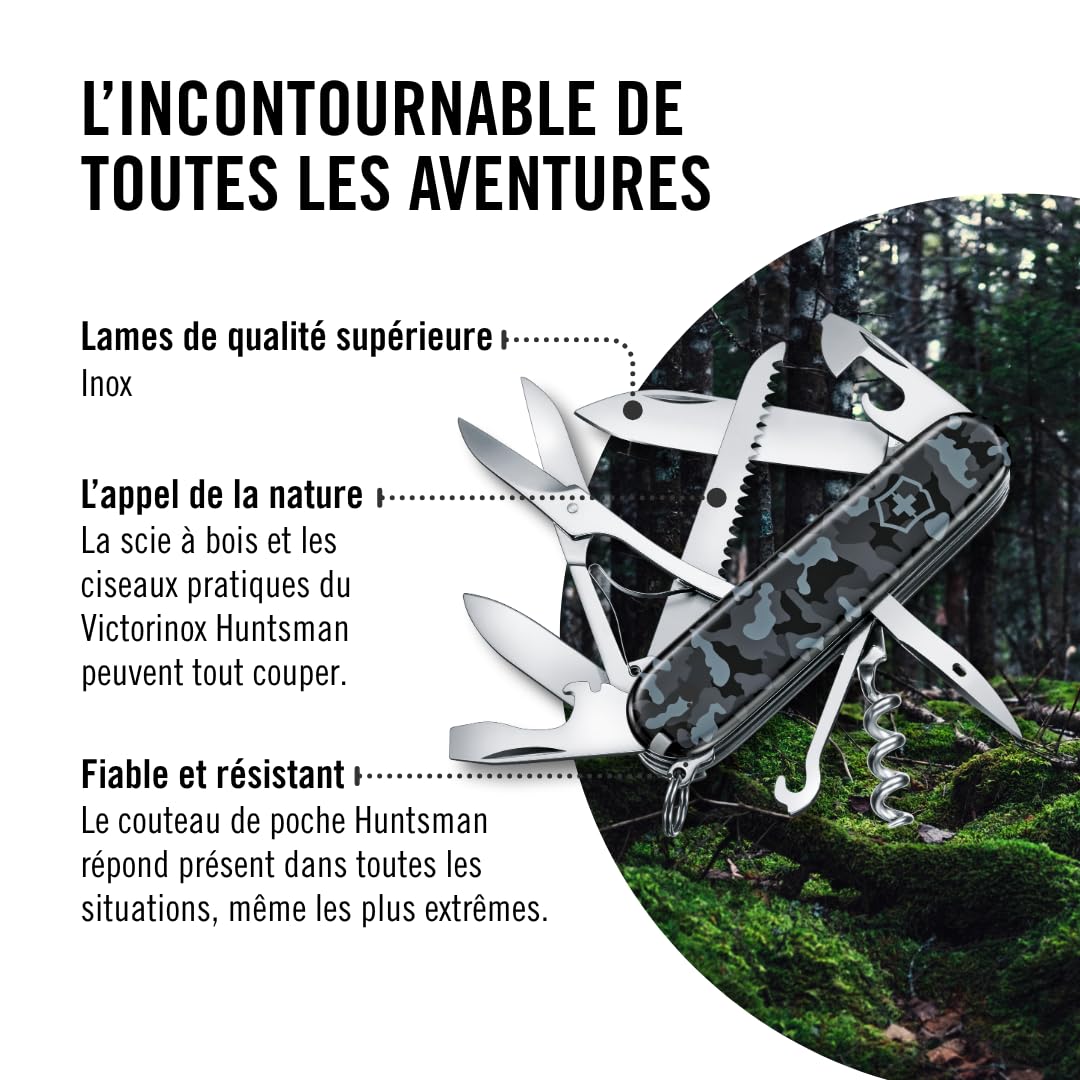 Victorinox Huntsman, Swiss Army Knife, Couteau de Poche Suisse, Léger, Multitool, 15 Fonctions, Grand Lame, Tire Bouchon, Ouvre Boite, Navy Camouflage