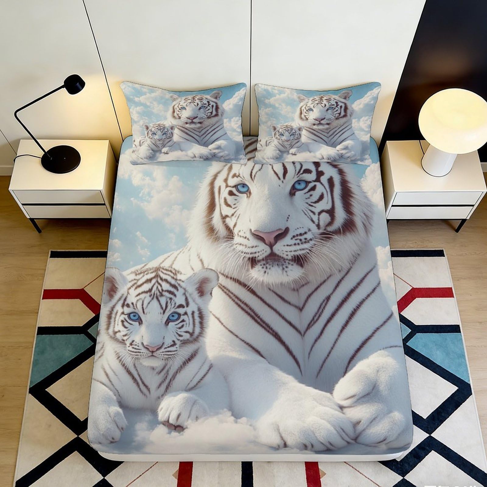 Tjiqhvmrn Style-7 3D Printed White Tiger Fitted Sheet Microfiber Deep Pocket Non-Slip Bedroom White Tiger Mattress Fitted Cover Elastic Hem Washable For Adults Teens 90X200x25cm