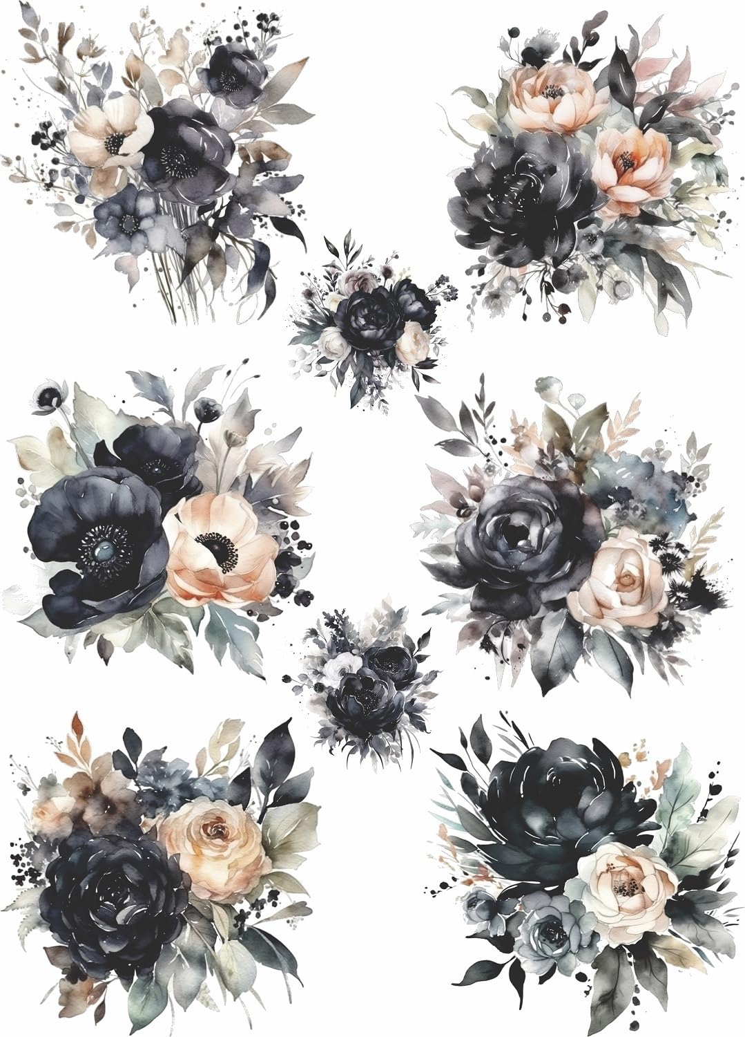 Black Bouquet Rice Paper, 11.5 x 16 inch (1pc) - Mulberry Paper for Decoupage Furniture Print Crafts
