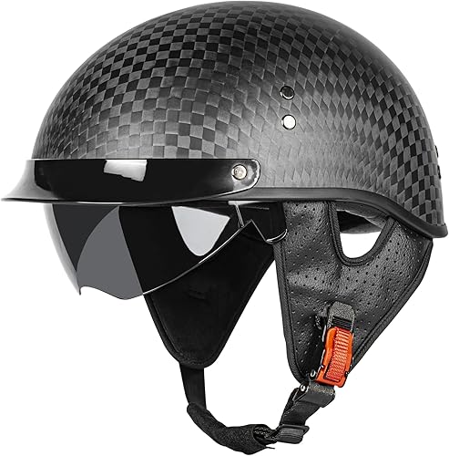 Miniatura 2 de Medio casco de motocicleta de fibra de carbono para adultos, hombres y mujeres, cascos retro de cara abierta aprobados por DOT con visera, diseño