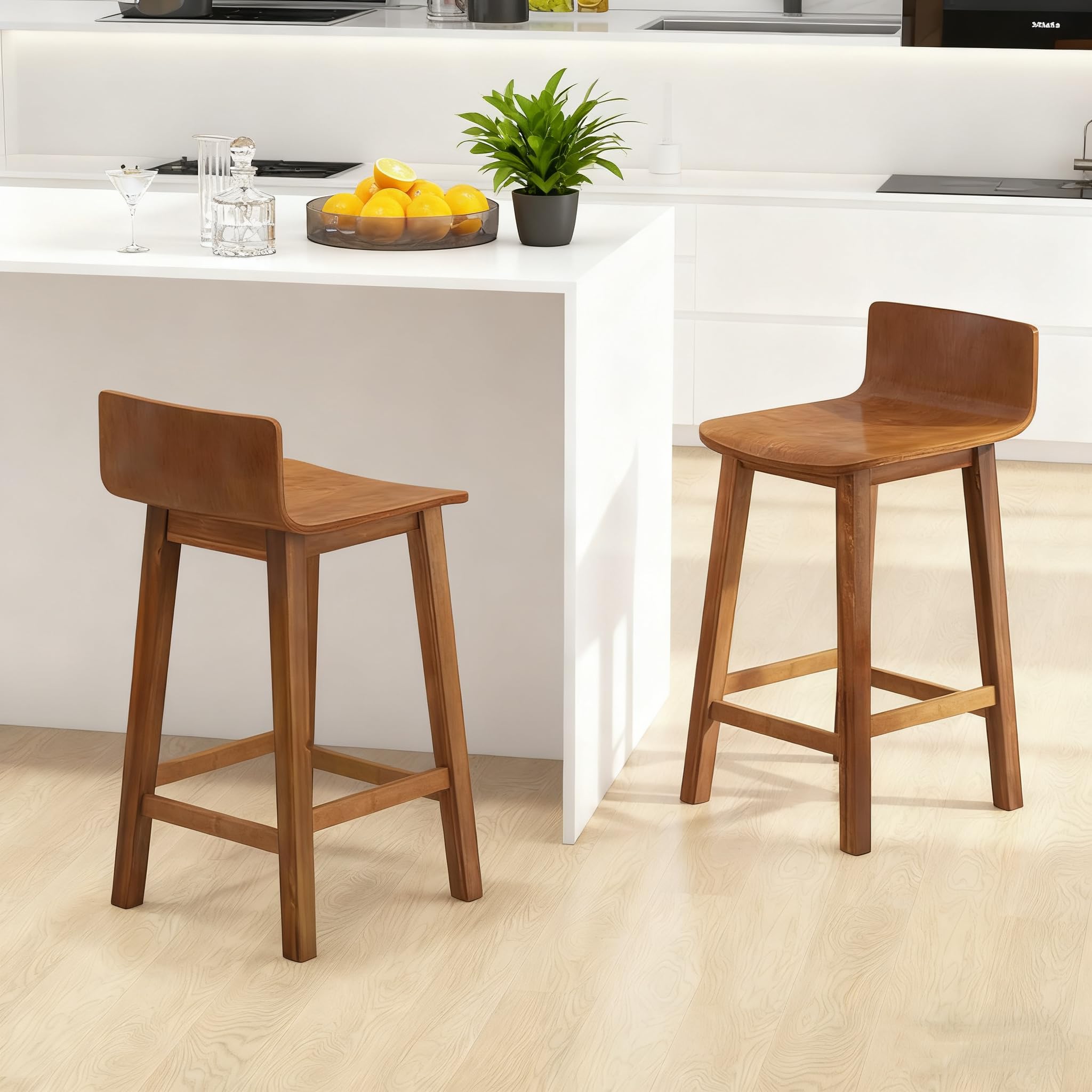 ERGOMASTER 24.5" Solid Wood Bar Stools Set of 2, Counter Height Chairs with Low Back and Footrest, Armless Kitchen Island Breakfast Stools for, Dining Room, Cafe, Breakfast, Brown