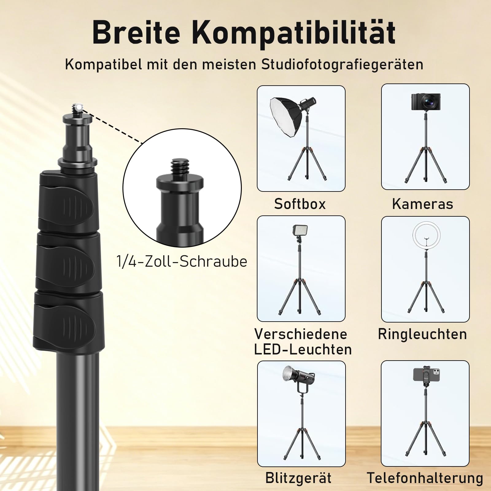 Lichtstativ 44-200cm, Aluminium Light Stand, Licht Stativ 1/4 Zoll, Max Last 6kg