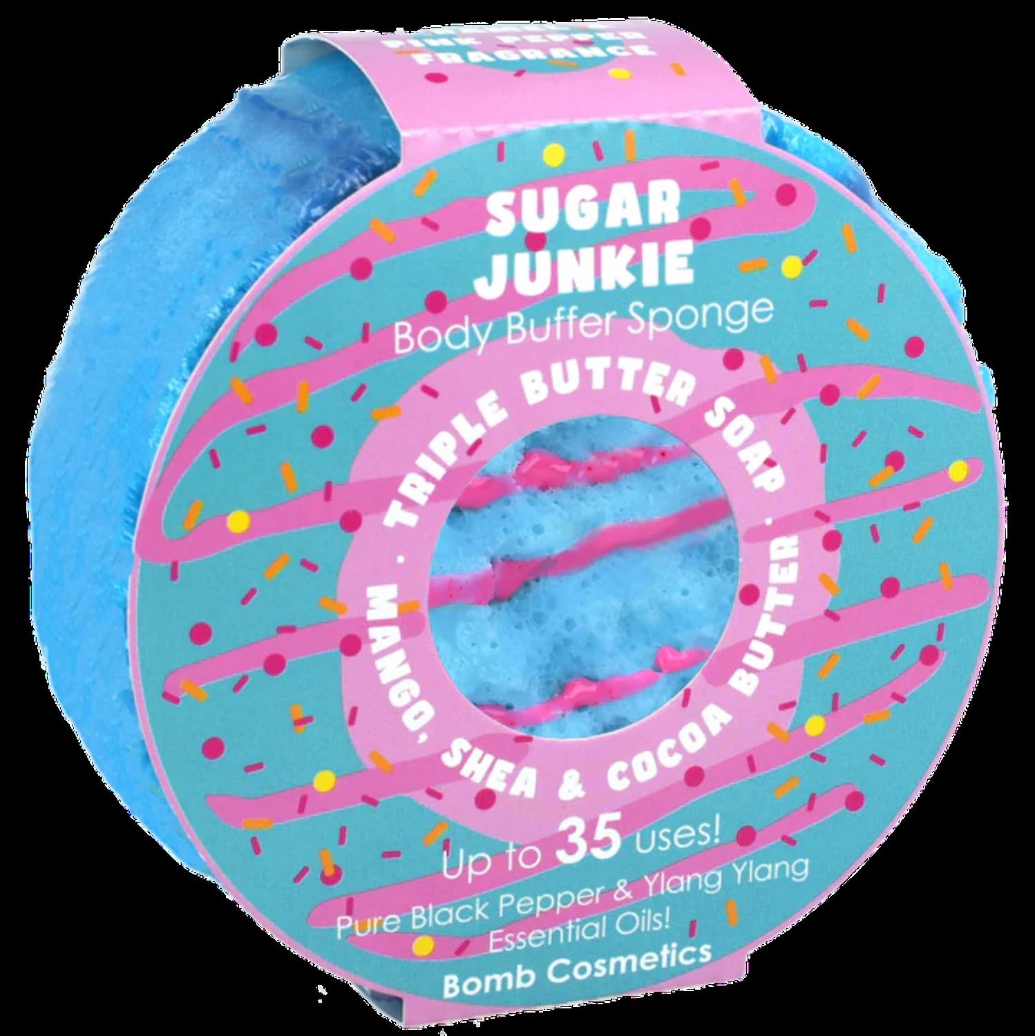 Bomb Cosmetics Body Buffer Soap Infused Sponge 2 in 1 Cleanse Exfoliate Moisturising Triple Butter Soap Sponge with Soap Inside Sugar Junkie