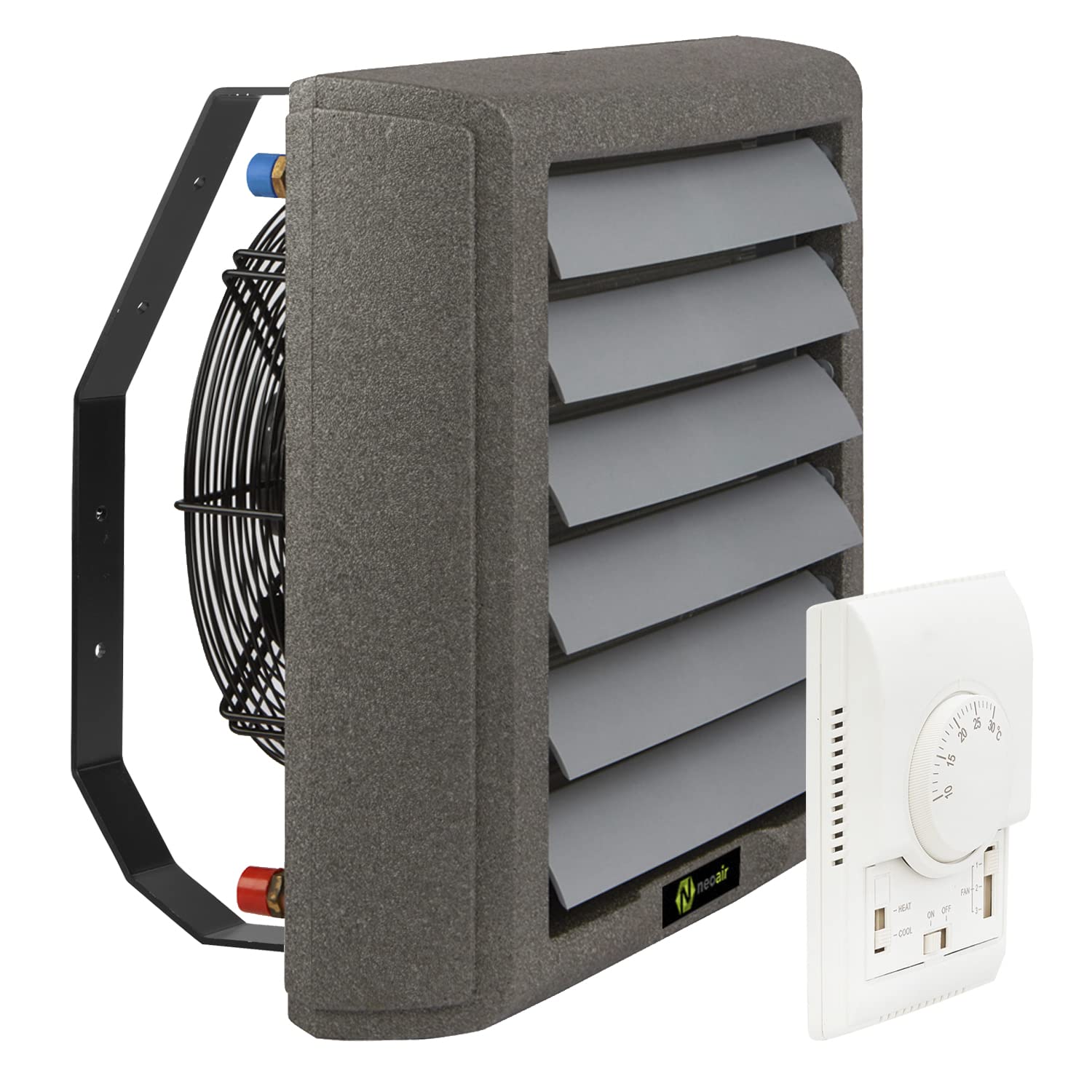 Lufterhitzer EVO108 Hallenheizung mit 3-Stufen Heizregister, Warmwasserbereiter mit Halterung & Thermostat, 24-108 kW, IP54, 230V